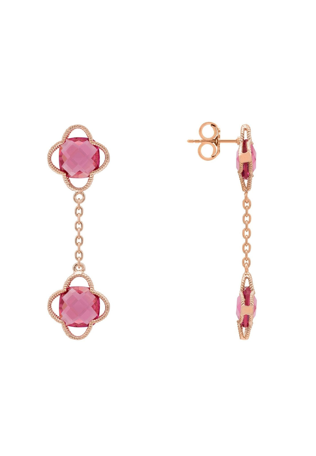 Open Clover Double Drop Earrings Rosegold Pink Tourmaline