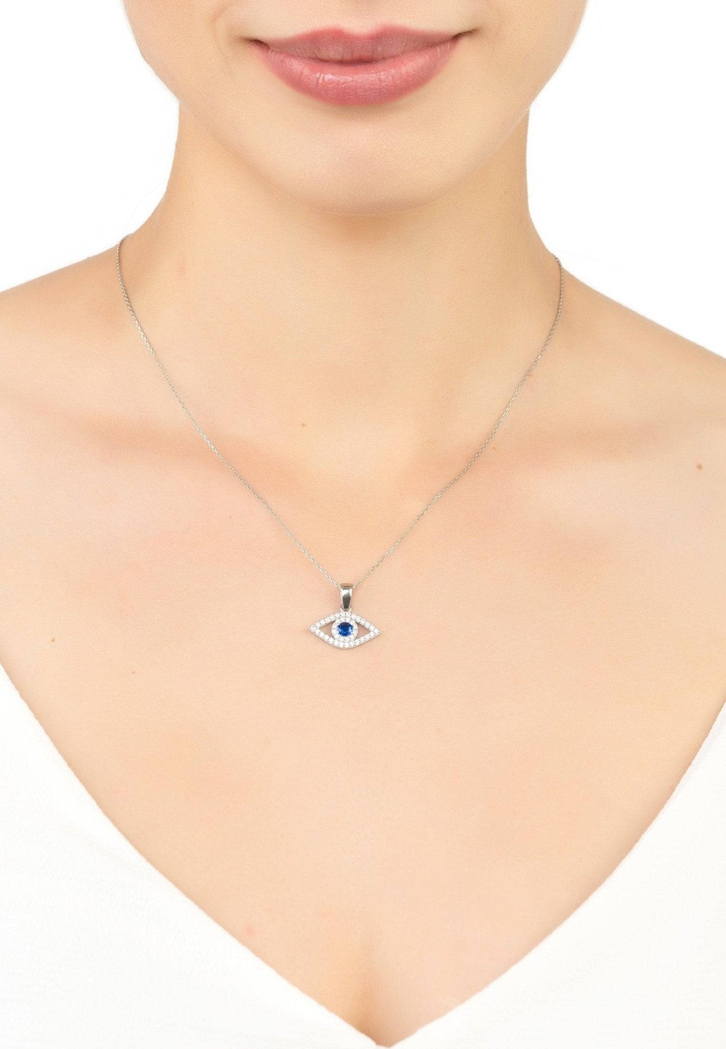 Evil Eye Elliptical Necklace Blue Silver