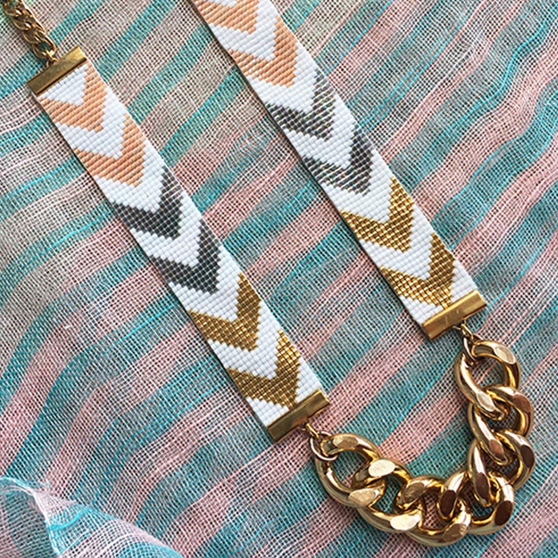 Chevron d'Or Long Beaded Necklace - Gold and Bronze