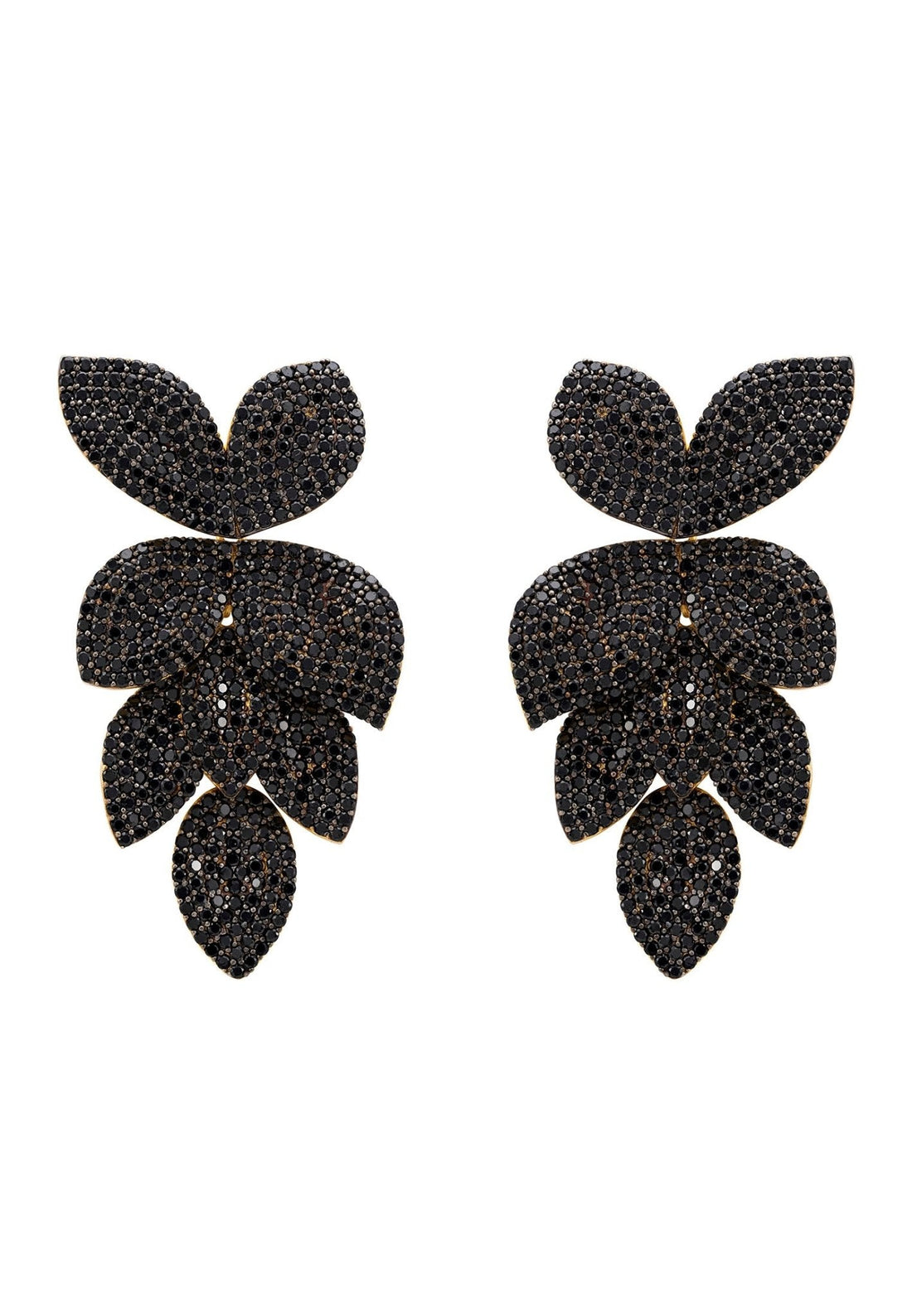 Petal Cascading Flower Earrings Gold Black Cz