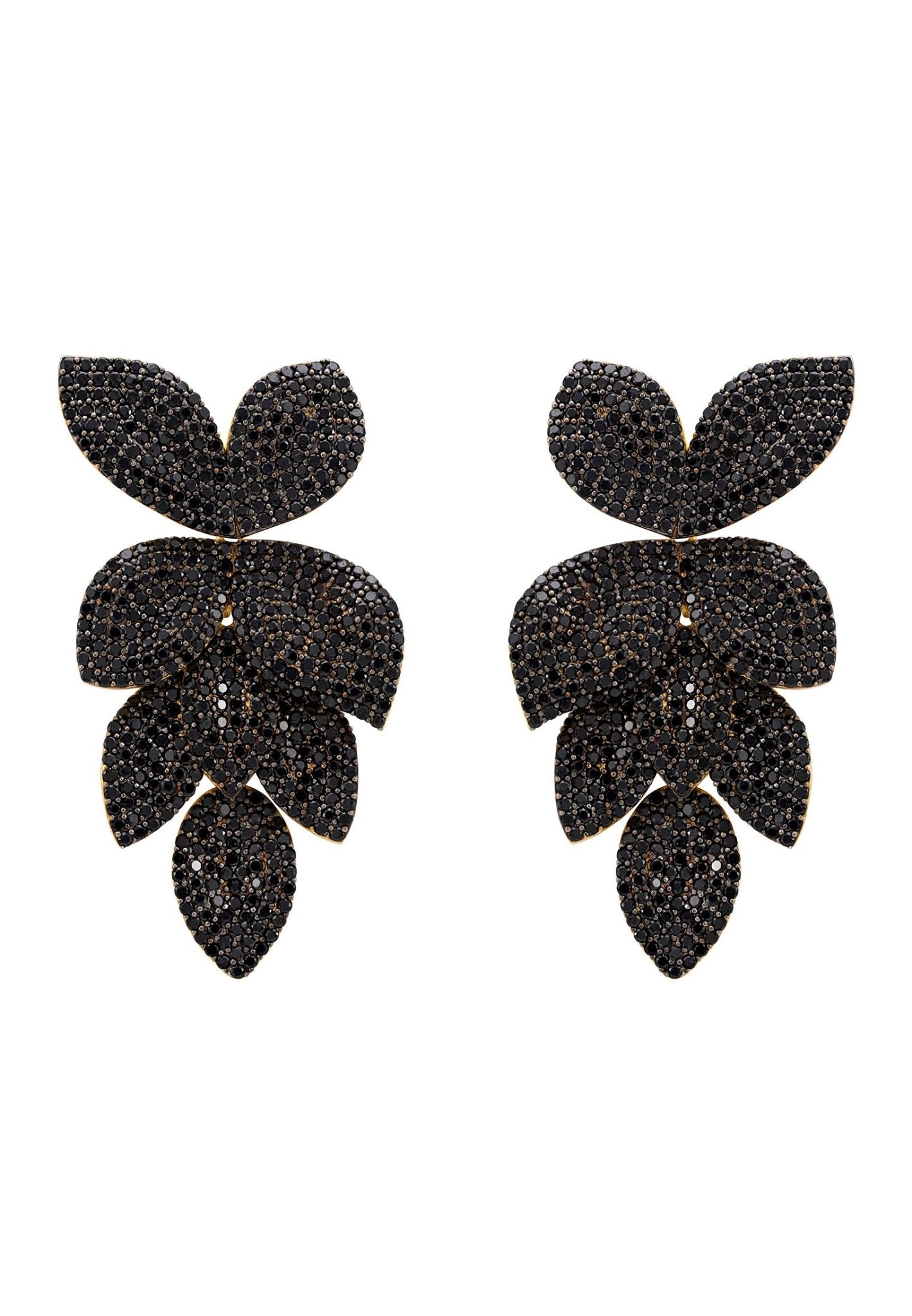 Petal Cascading Flower Earrings Gold Black Cz