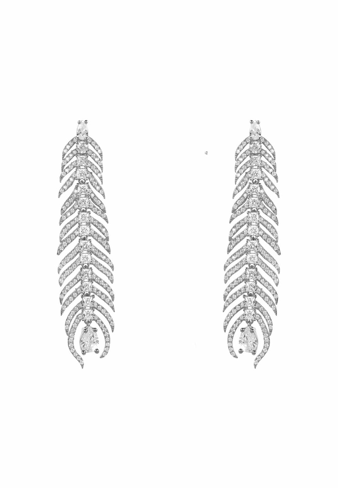 Peacock Feather Elongated Drop Earrings Silver