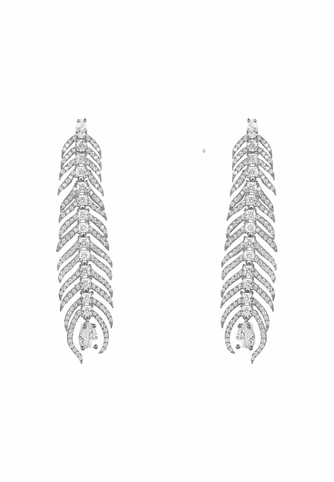 Peacock Feather Elongated Drop Earrings Silver