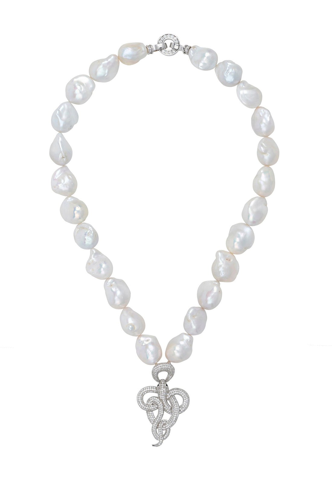 Viper Snake Baroque Pearl Statement Necklace Silver White CZ