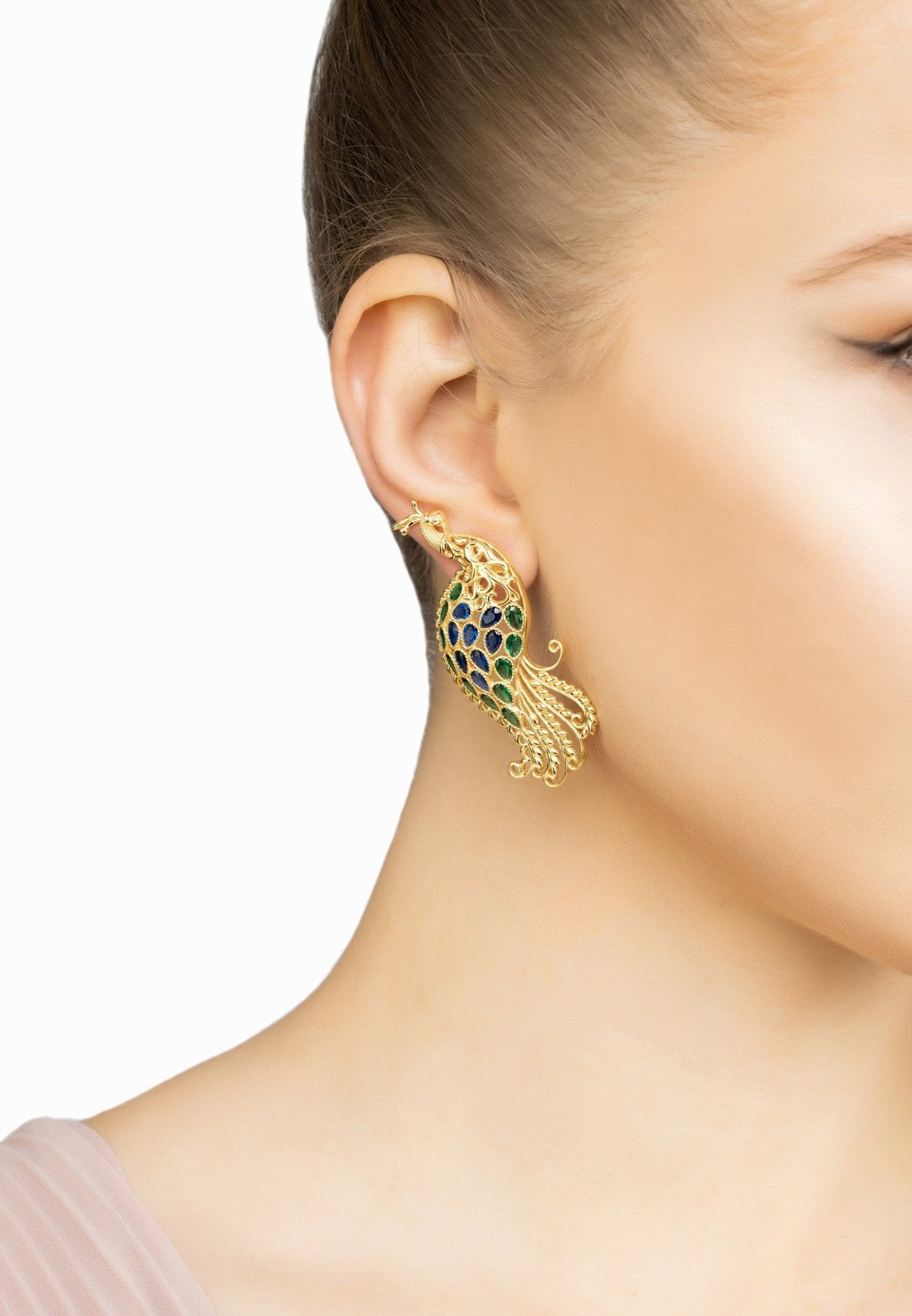 Peacock Train Earrings Gold Blue Green