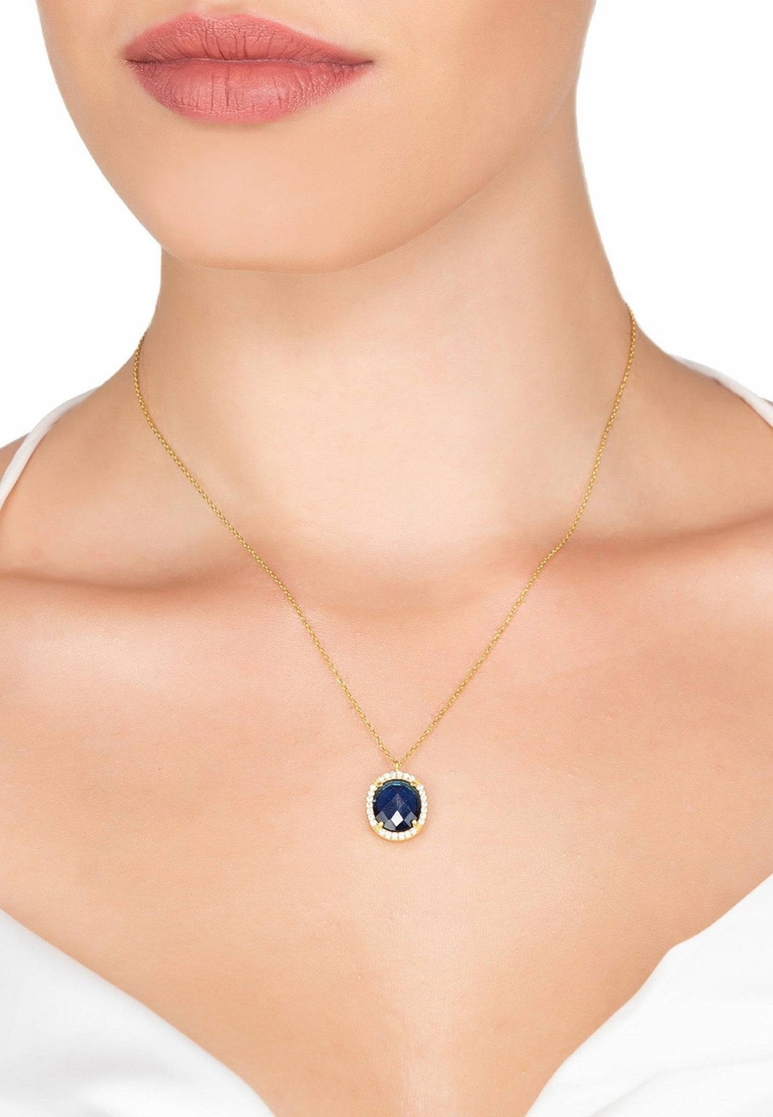 Beatrice Oval Gemstone Pendant Necklace Gold Sapphire Hydro