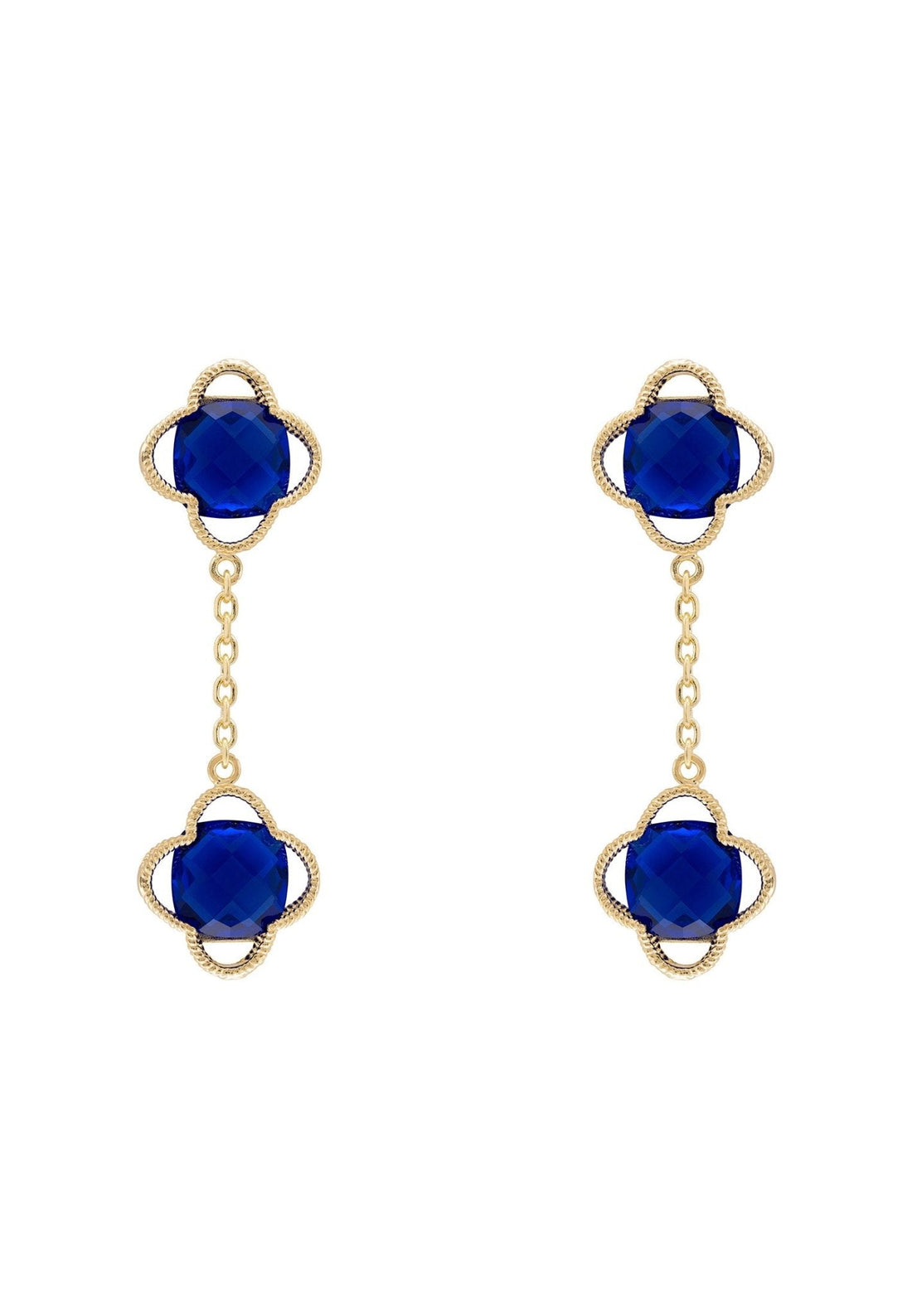 Open Clover Double Drop Earrings Gold Sapphire