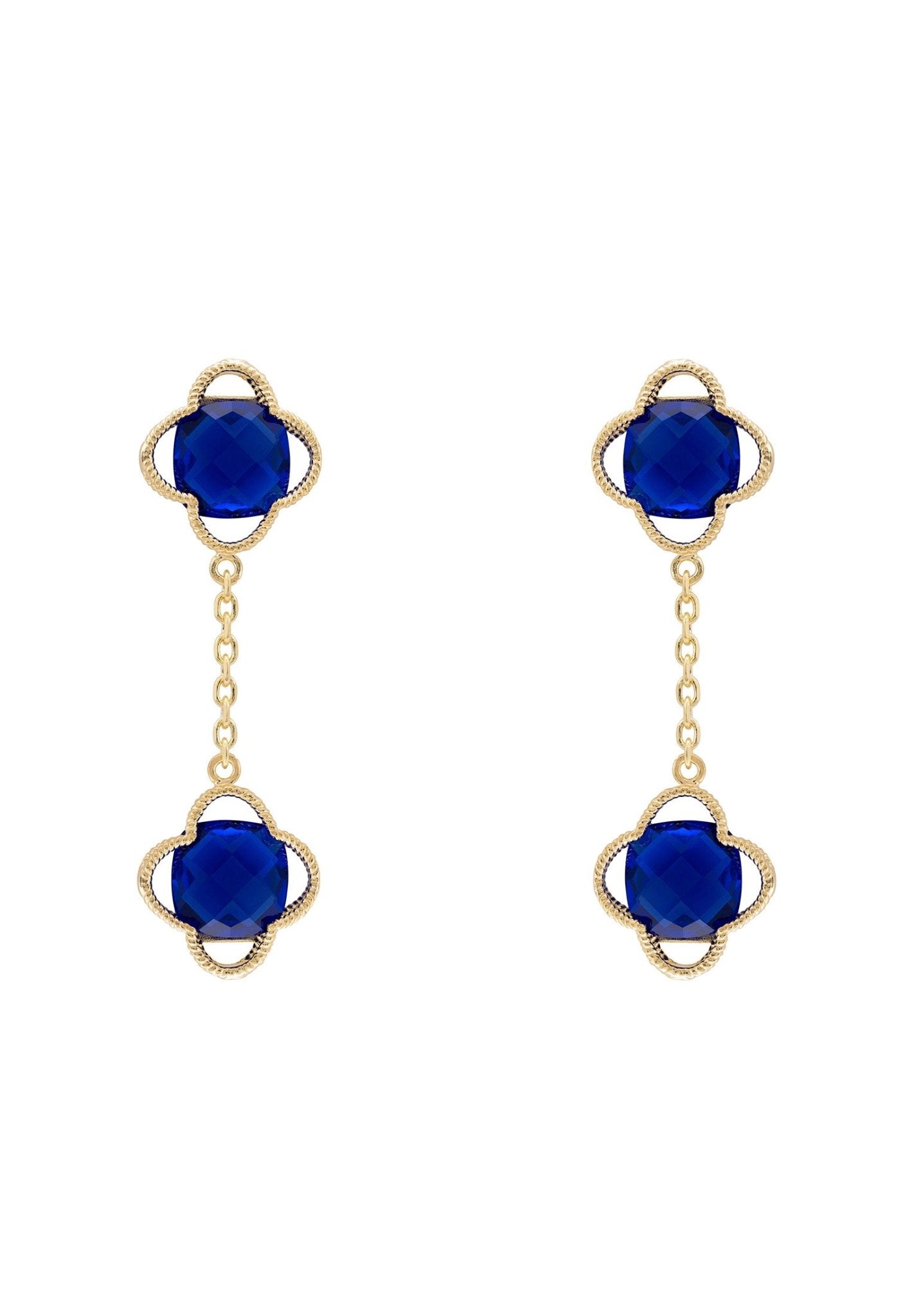 Open Clover Double Drop Earrings Gold Sapphire