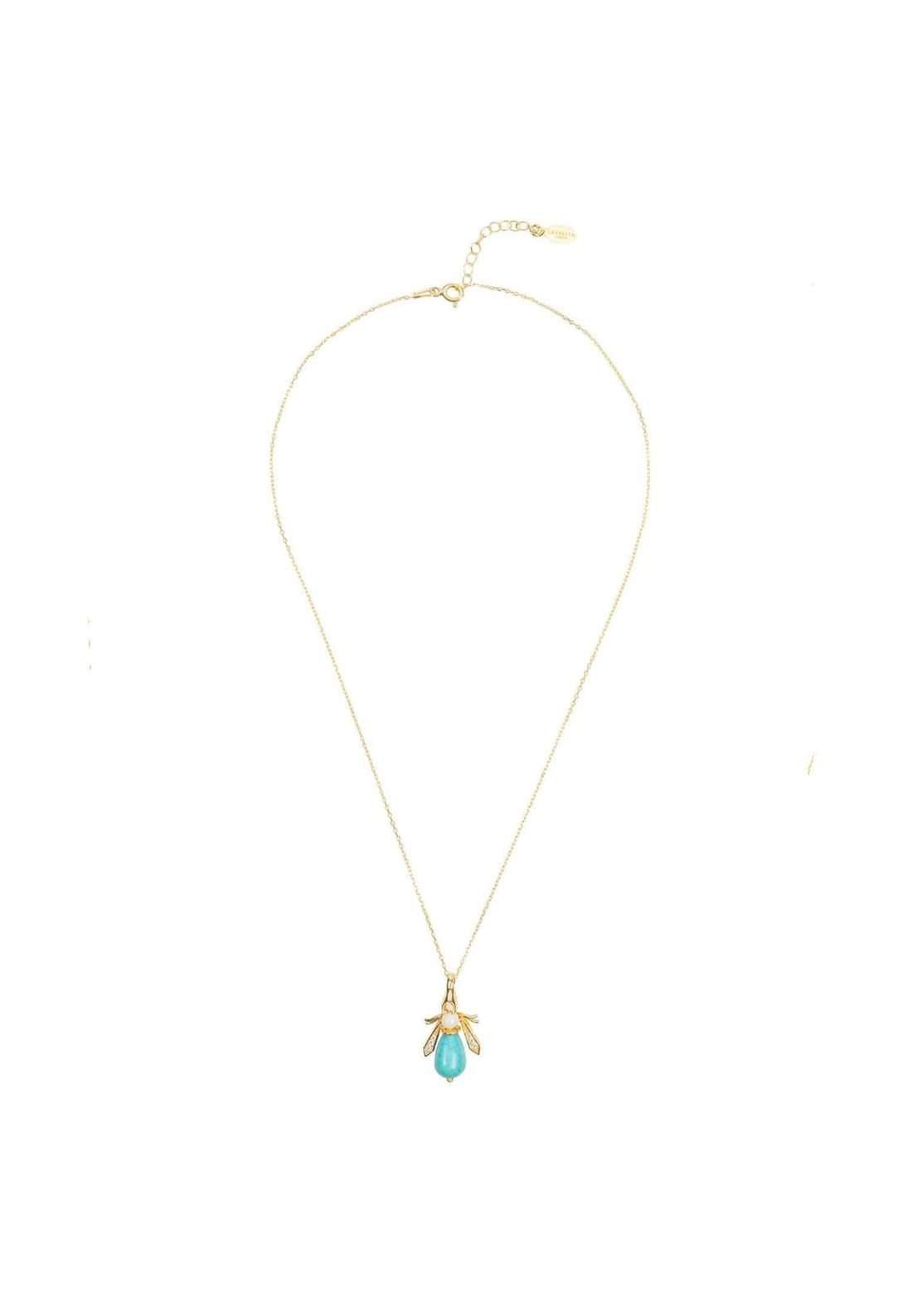 Turquoise & Pearl Gemstone Bee Pendant Necklace Gold