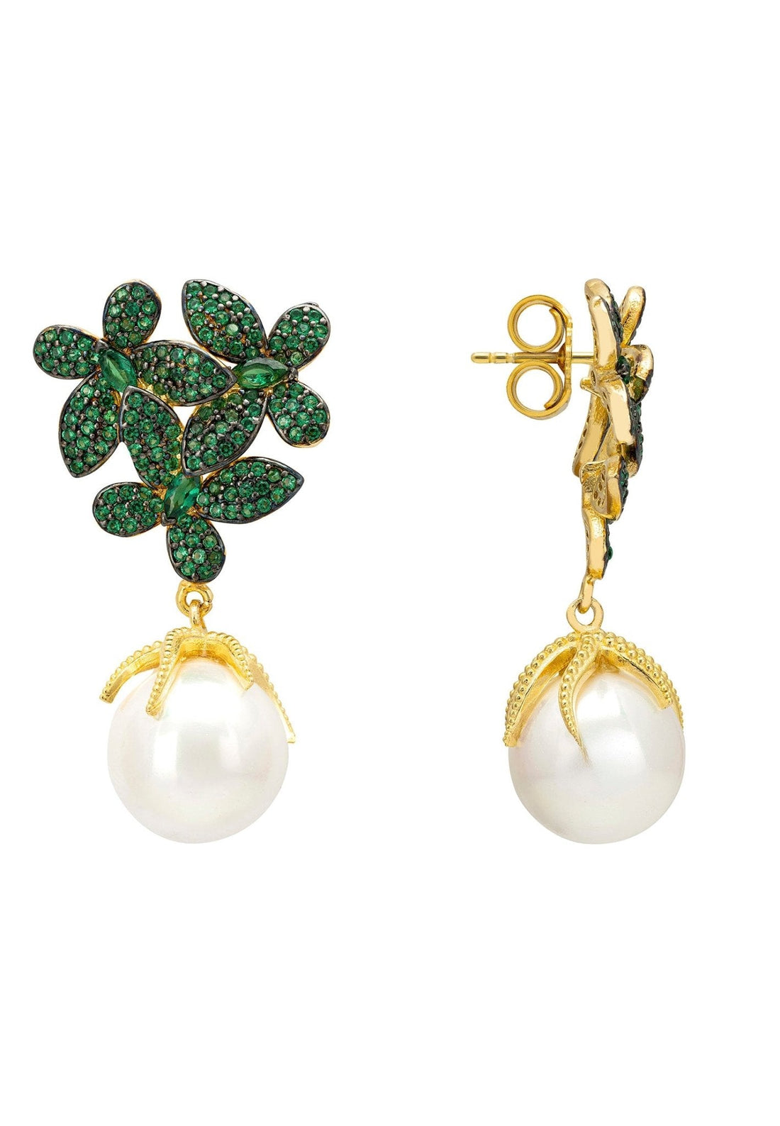 Flowers Pearl Earrings Emerald Green Gold