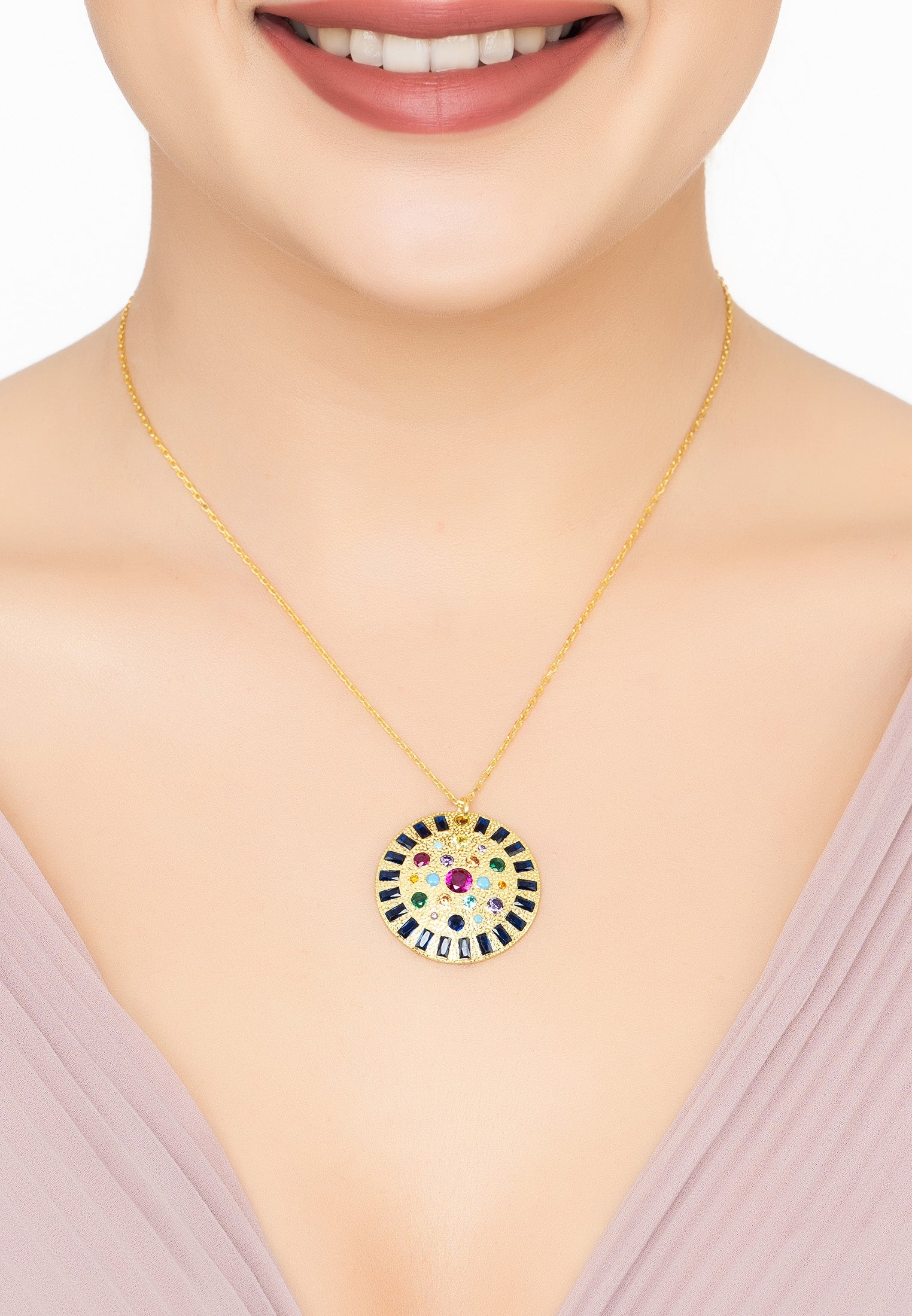 Ecliptic Mosaic Circle Gemstone Pendant Necklace Gold