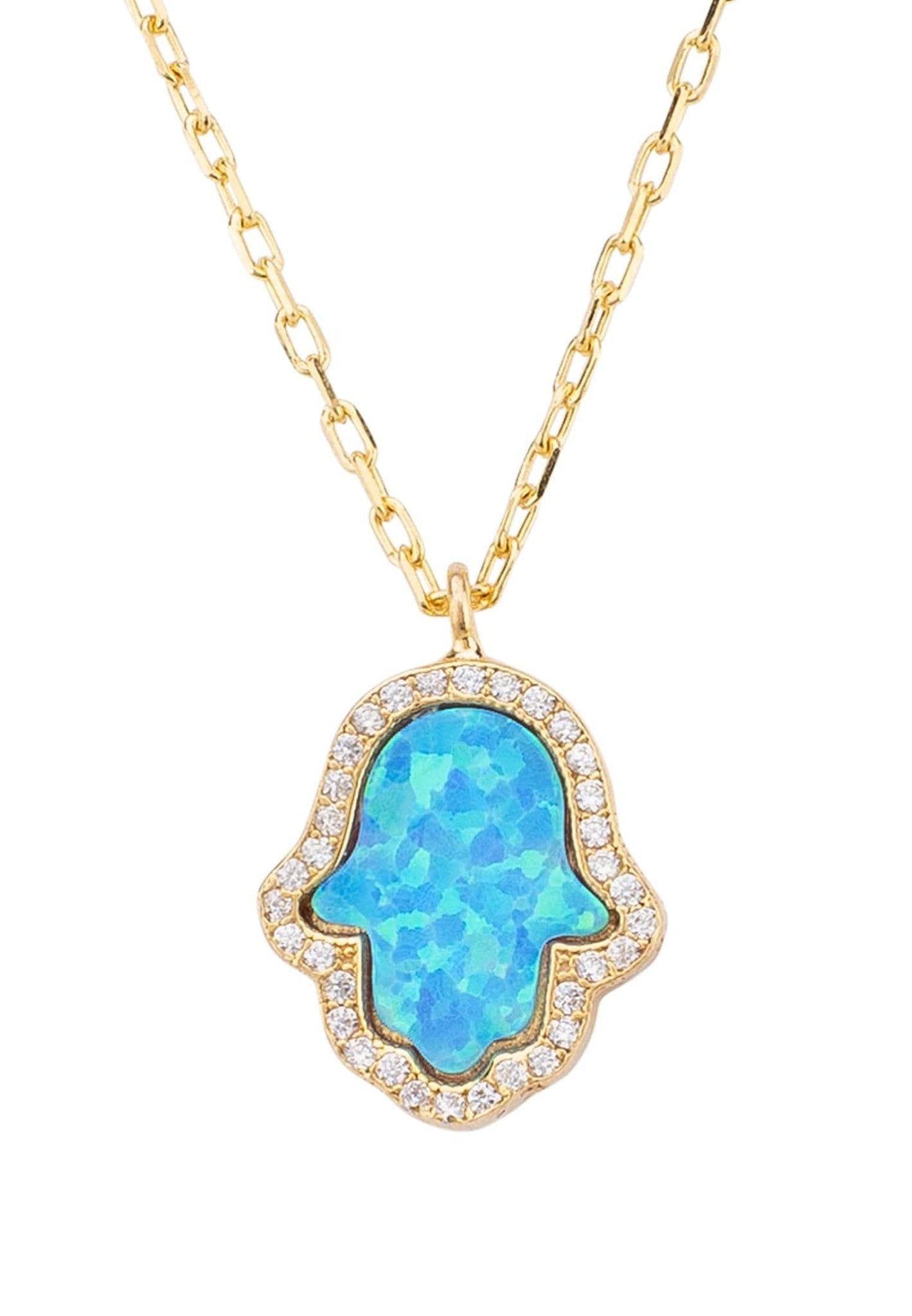 Hamsa Opalite Turquoise Blue Necklace Gold