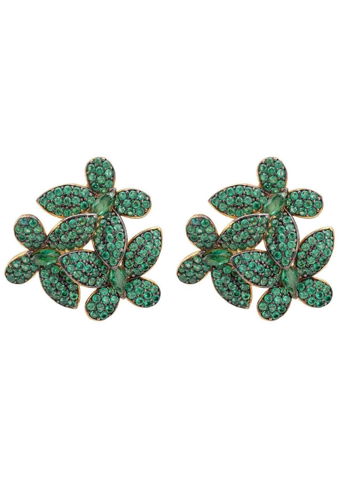 Flowers Large Stud Earrings Gold Emerald Green