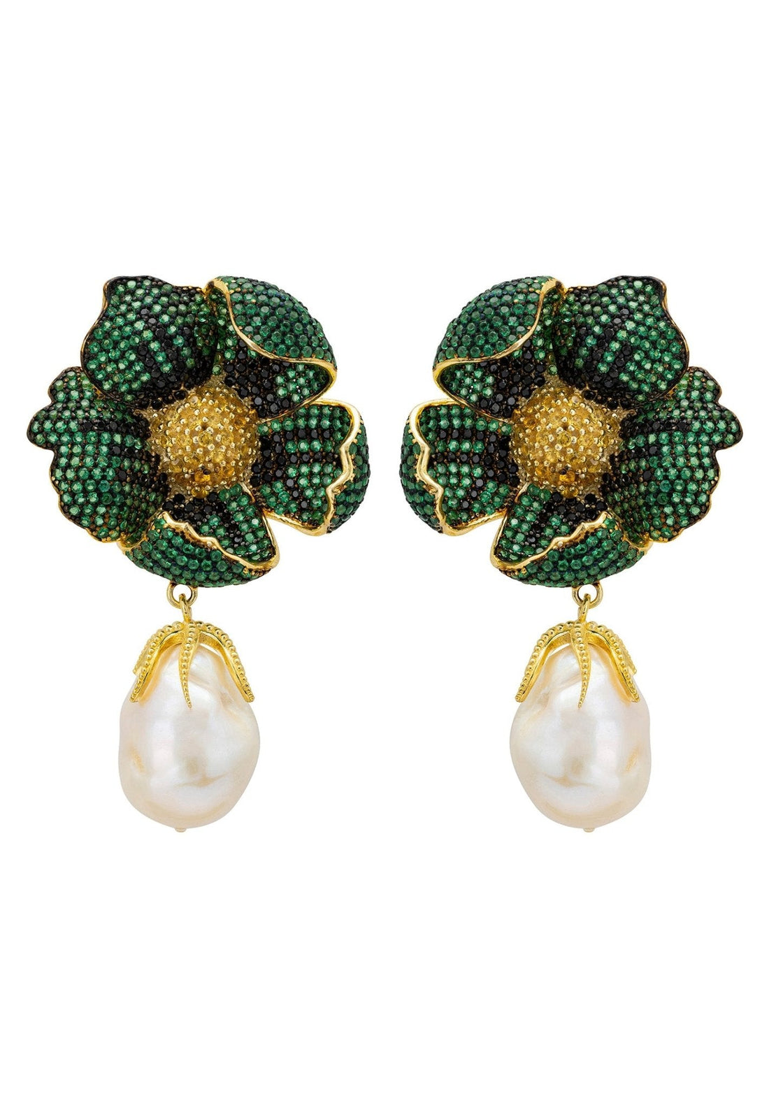 Poppy Flower Baroque Pearl Earrings Emerald Green Gold