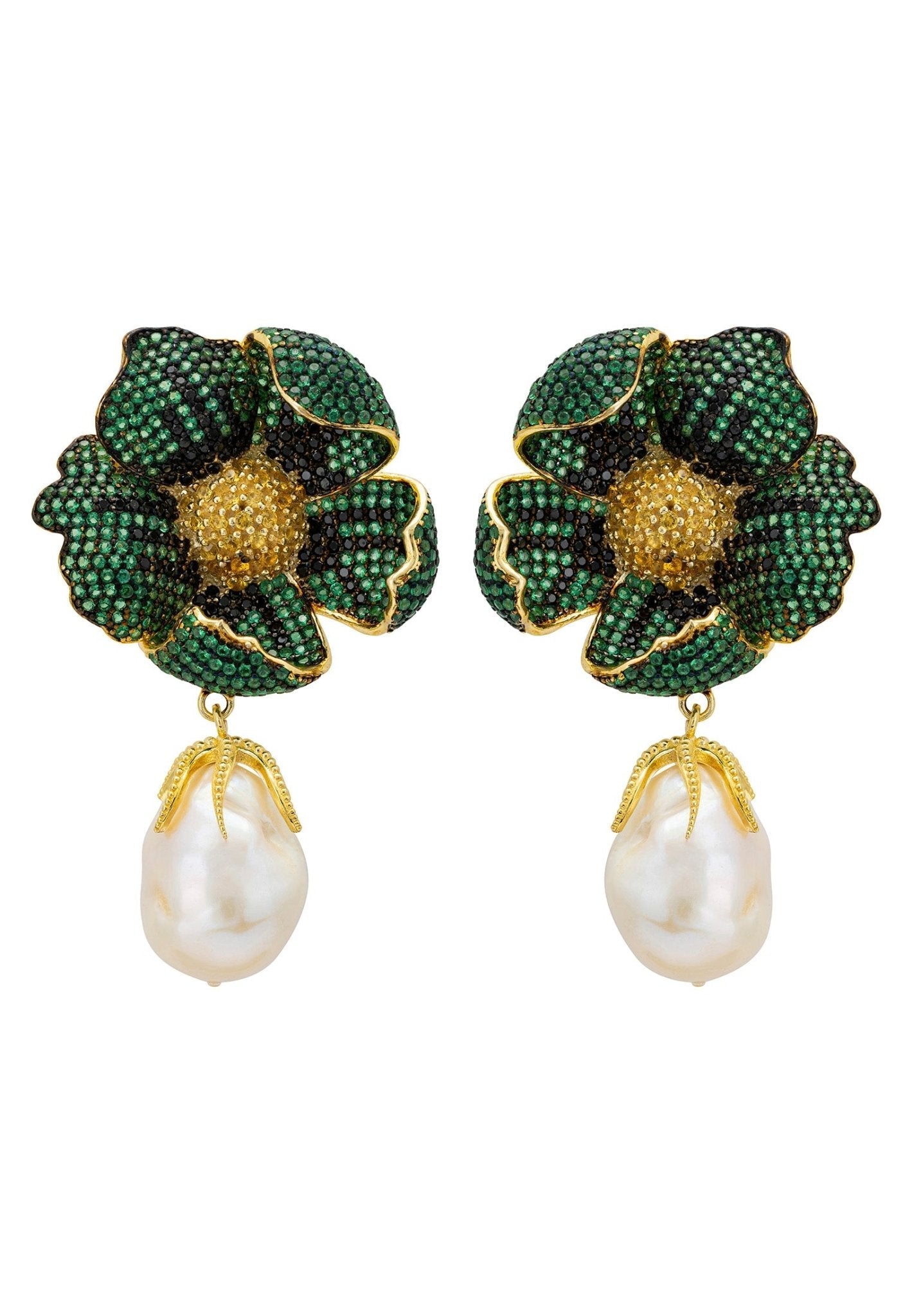 Poppy Flower Baroque Pearl Earrings Emerald Green Gold