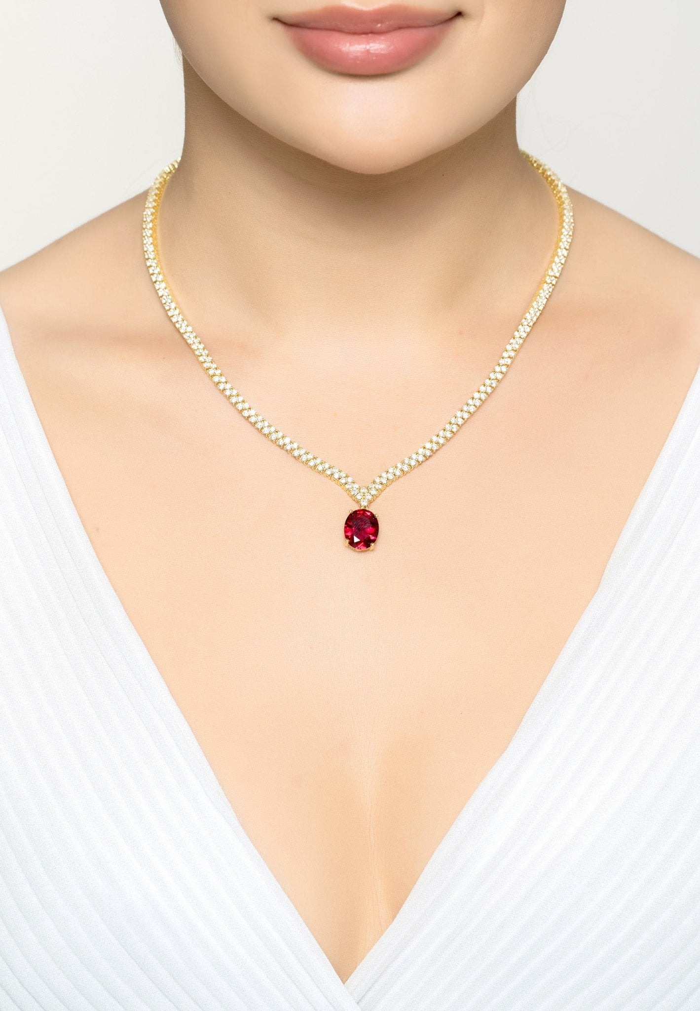 Garbo Oval Gemstone Tennis Necklace Ruby Gold