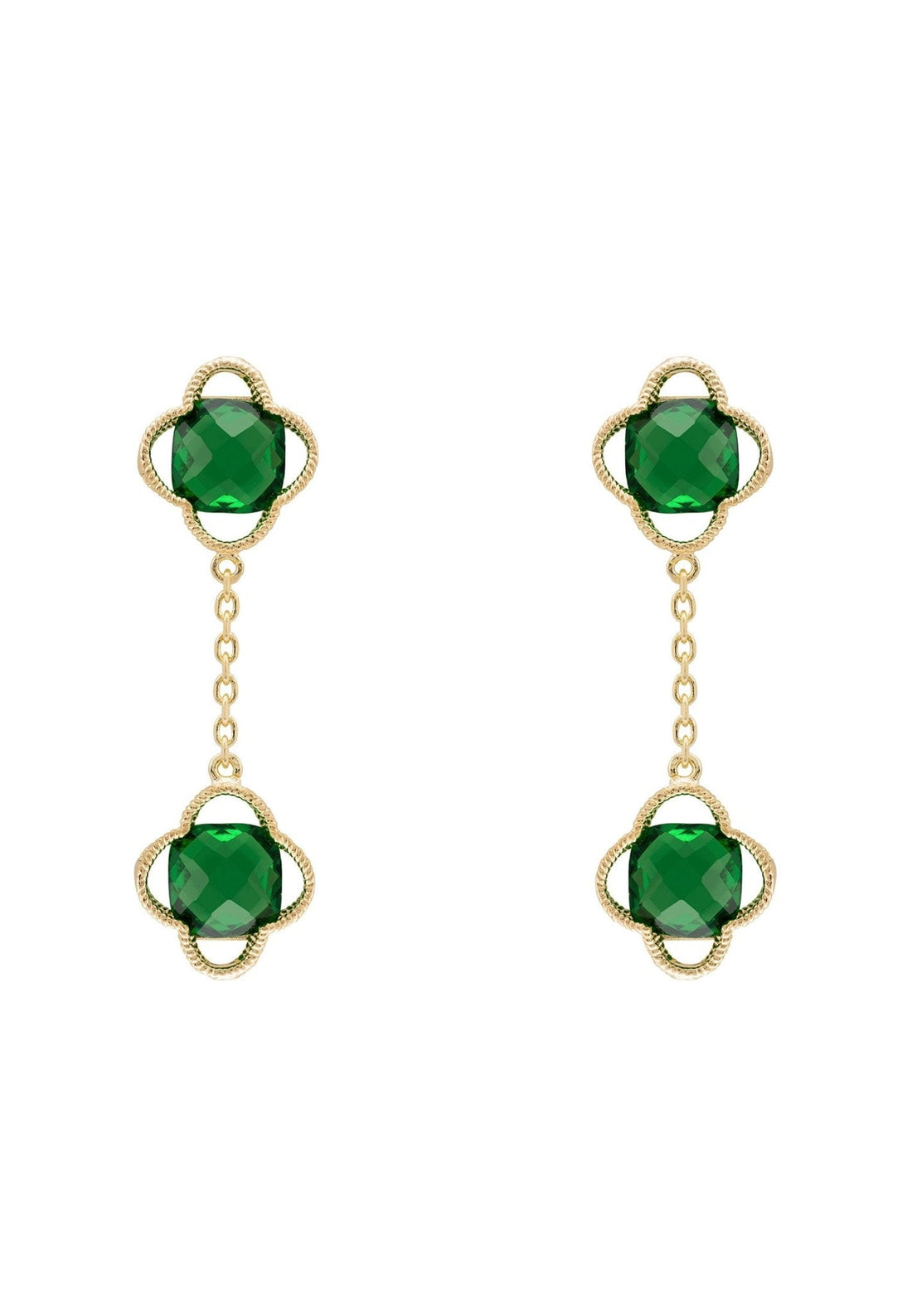 Open Clover Double Drop Earrings Gold Emerald