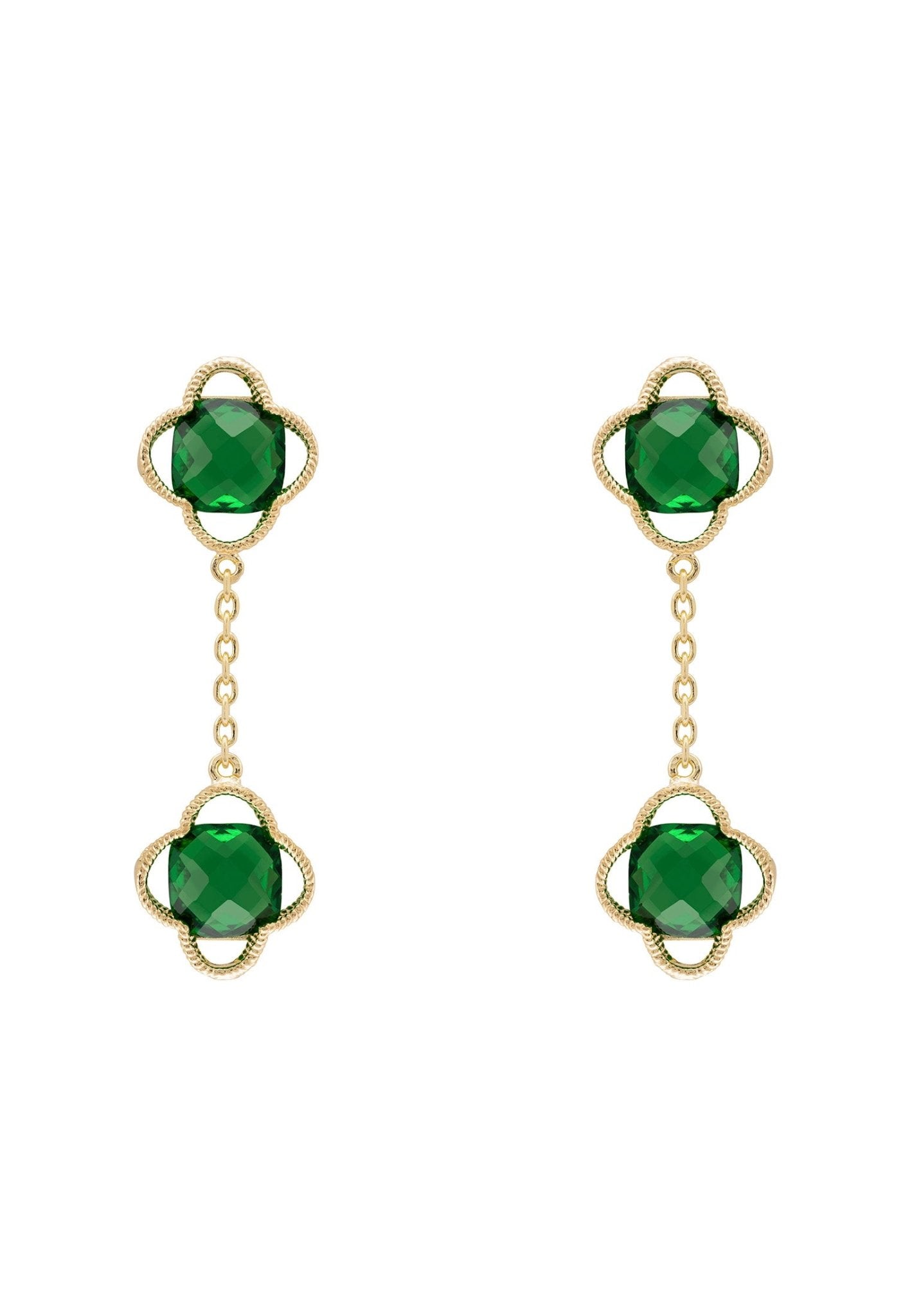 Open Clover Double Drop Earrings Gold Emerald