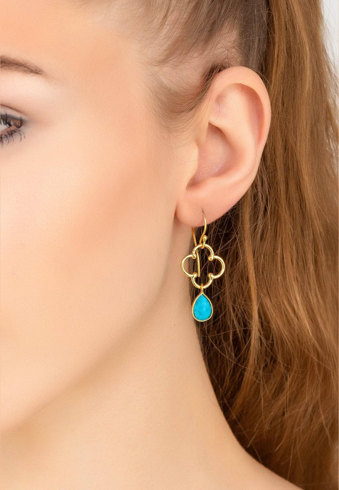 Open Clover Gemstone Drop Earrings Gold Turquoise