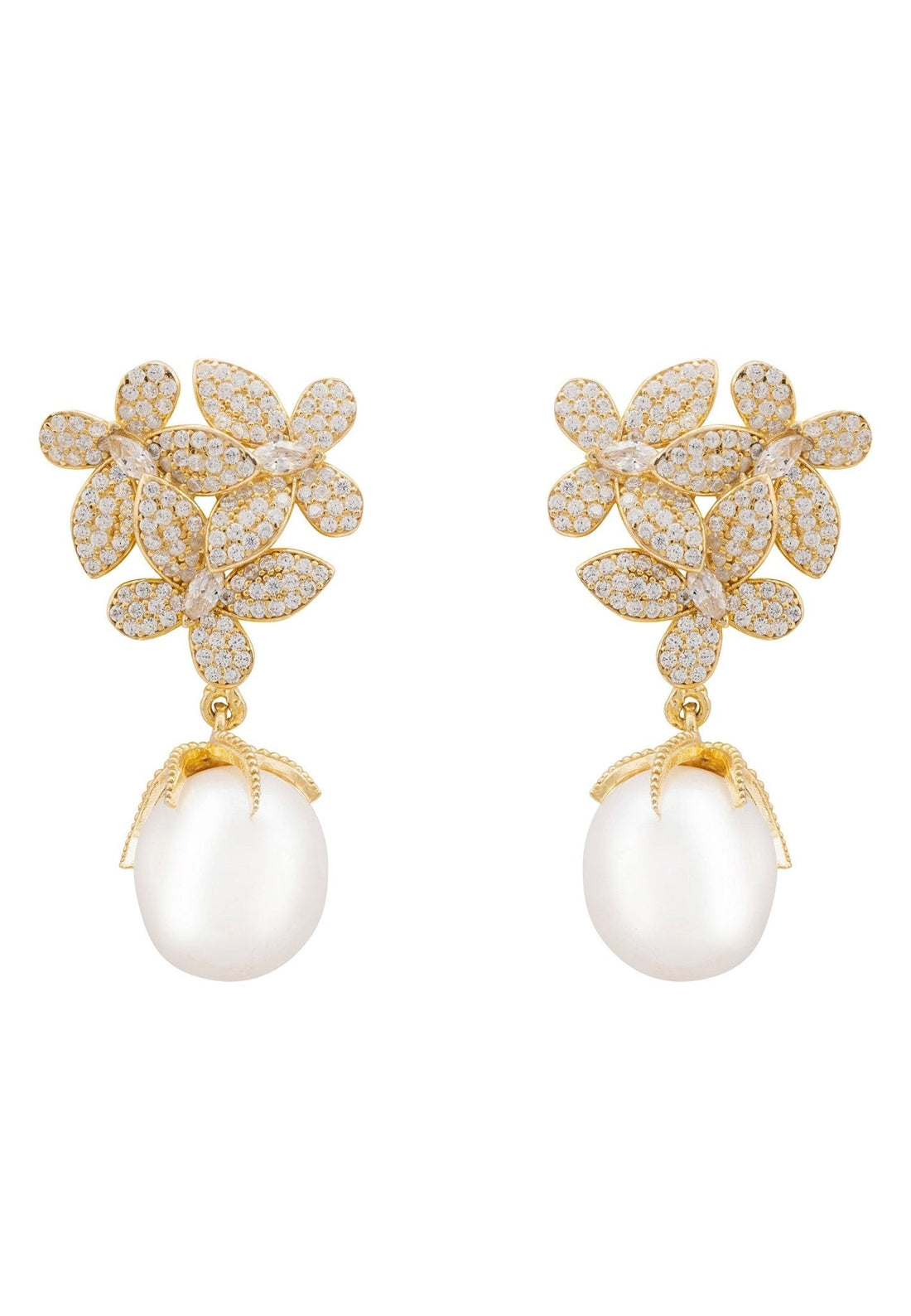 Flowers Pearl Earrings Gold White