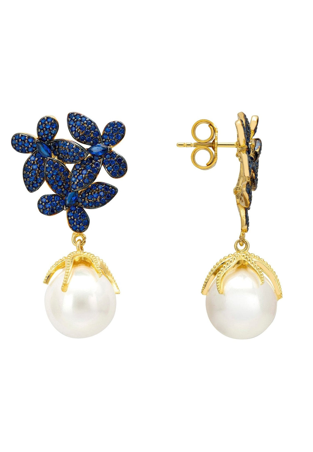 Flowers Baroque Pearl Earrings Sapphire Blue Gold