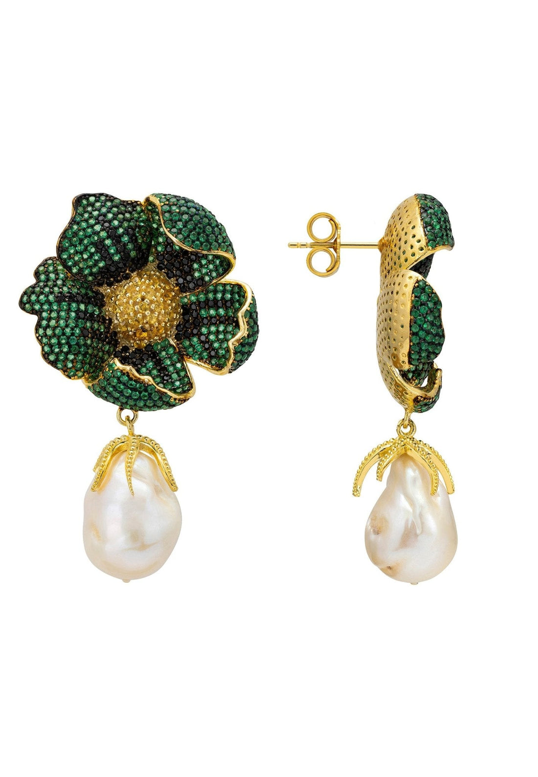 Poppy Flower Baroque Pearl Earrings Emerald Green Gold