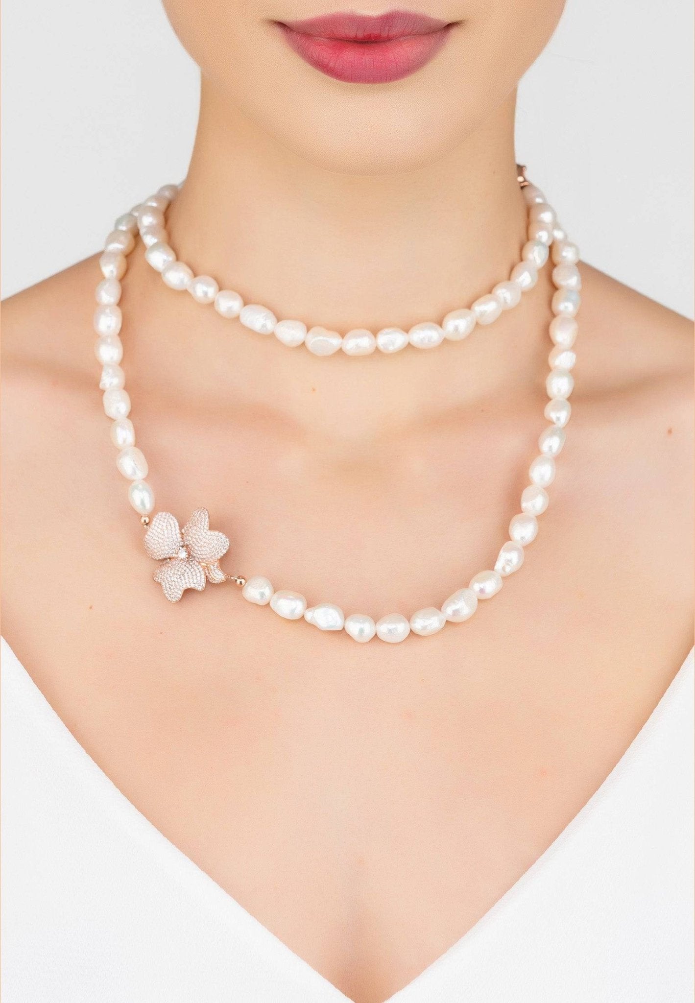 Flower Pearl Gemstone Long Necklace White Cz Rosegold