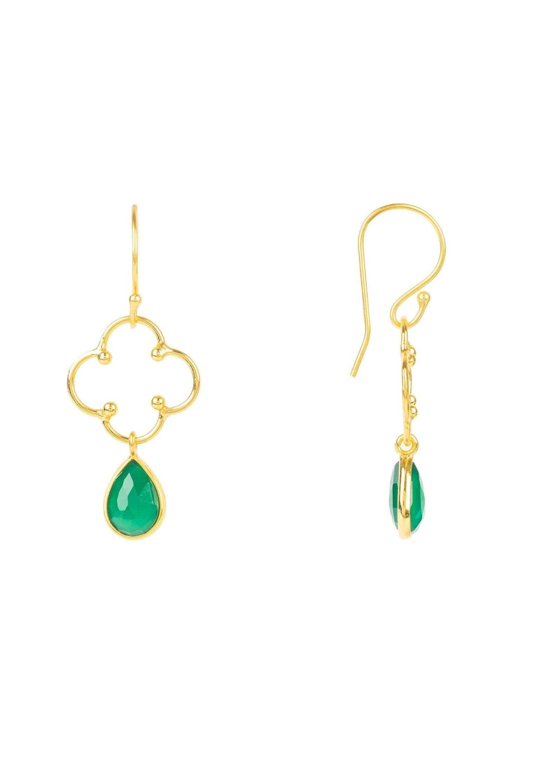 Open Clover Gemstone Drop Earrings Gold Green Onyx