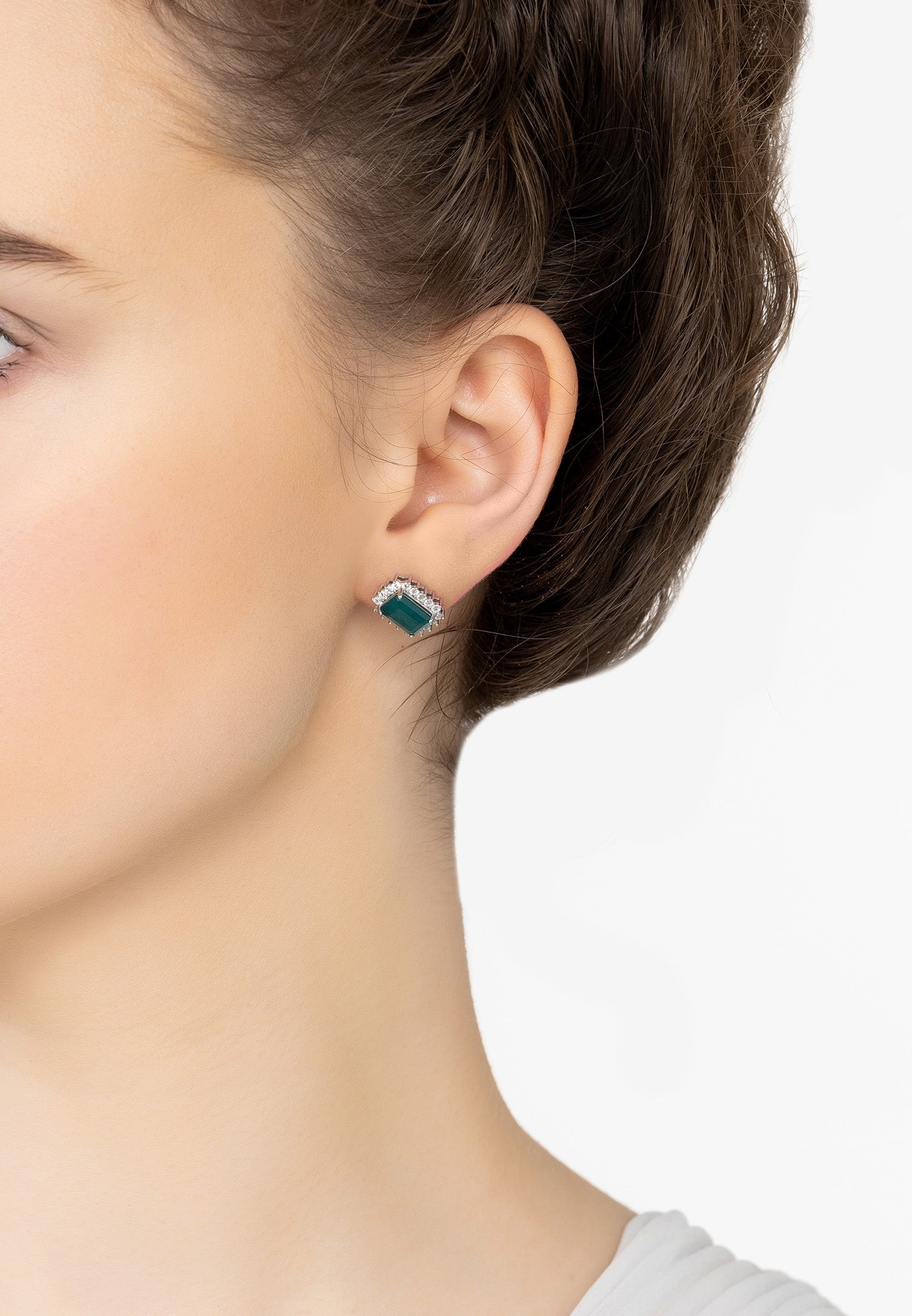 Elena Gemstone Stud Earrings Emerald Silver