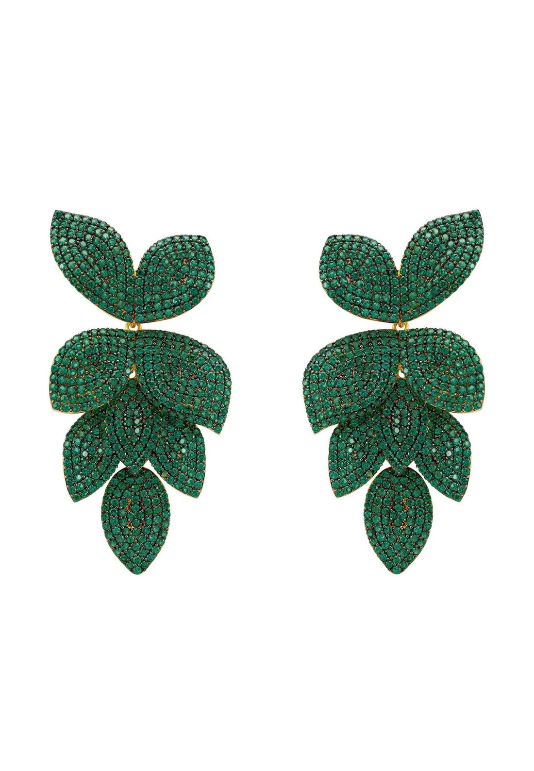 Petal Cascading Flower Earrings Gold Emerald Green