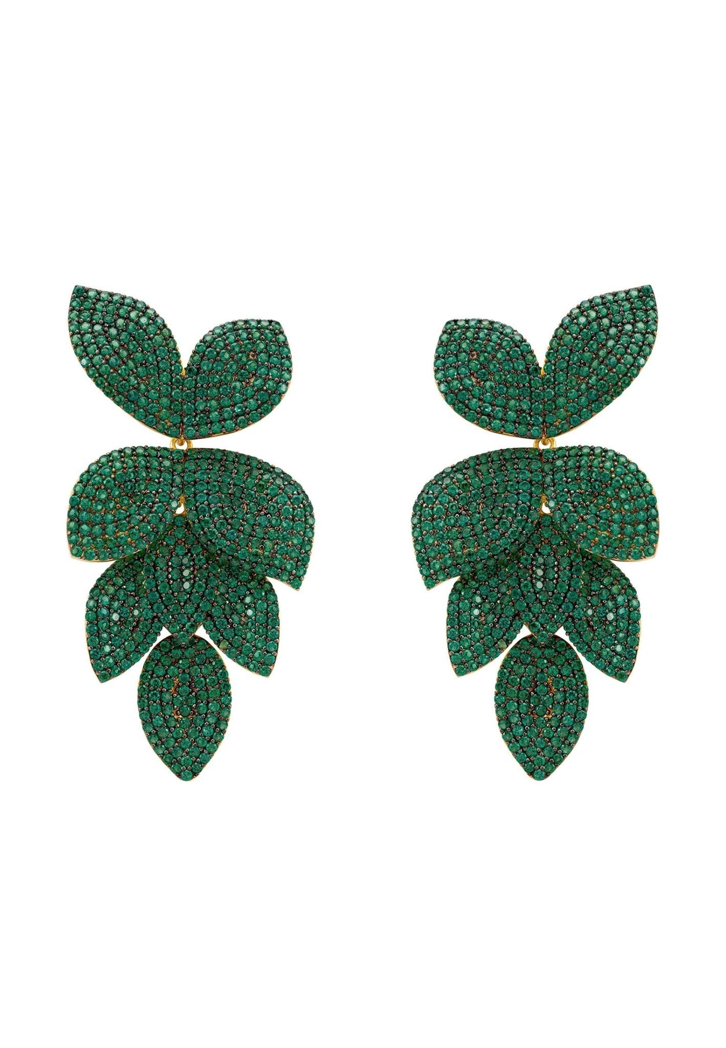 Petal Cascading Flower Earrings Gold Emerald Green