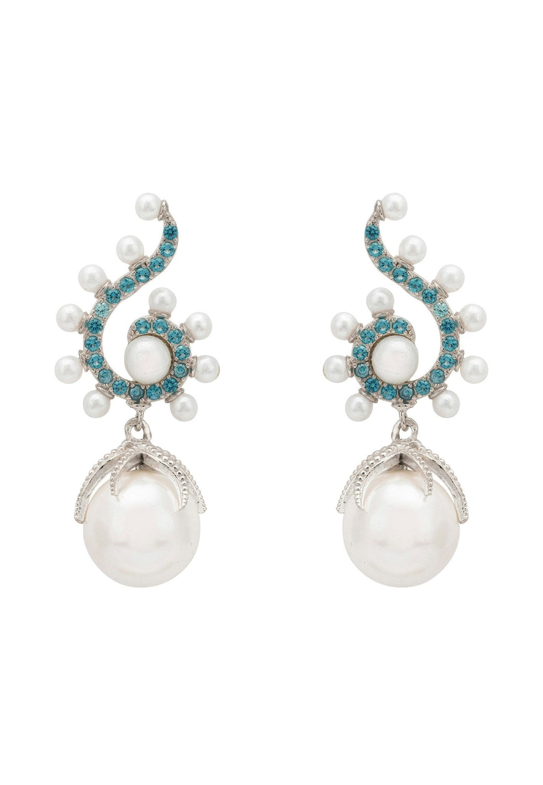 Baroque Pearl Poseidon Gemstone Drop Earrings Aqua Silver