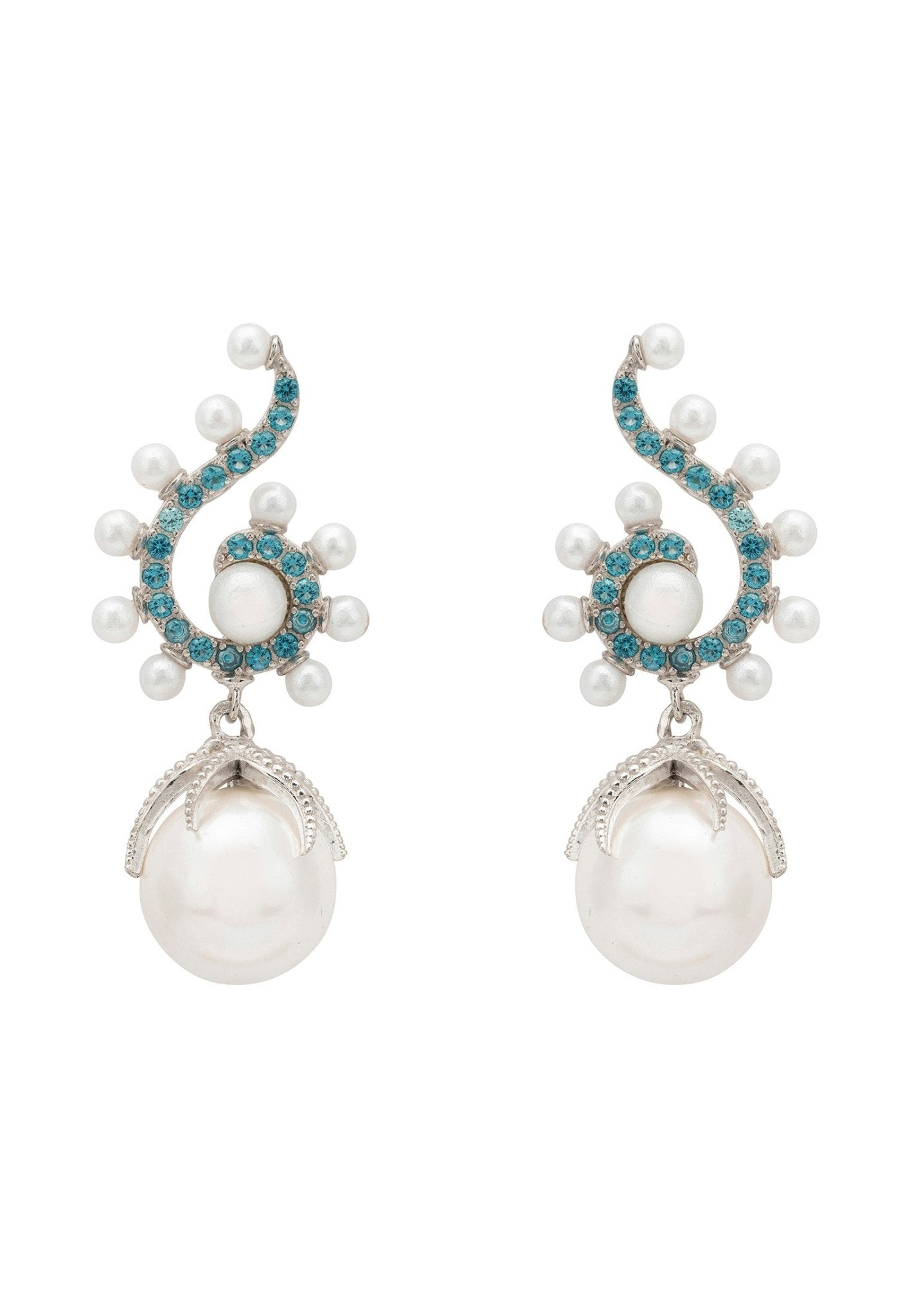 Baroque Pearl Poseidon Gemstone Drop Earrings Aqua Silver