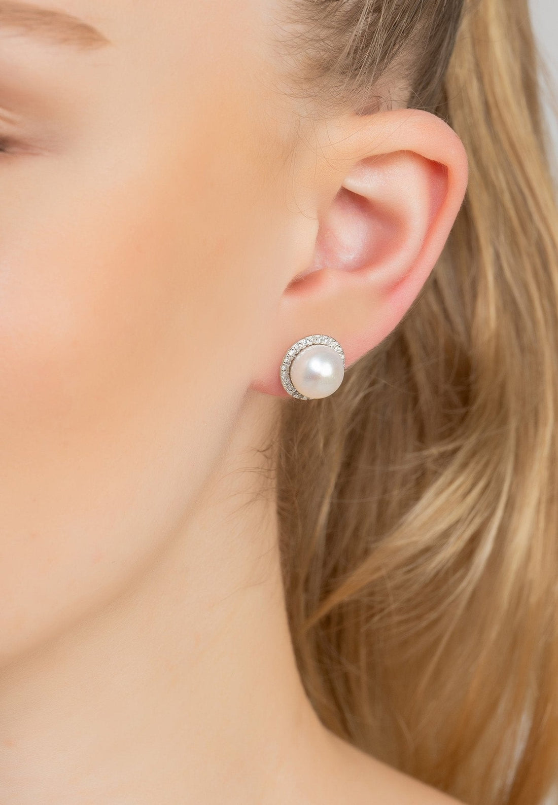 Pearl Full Halo Large Stud Earrings Silver