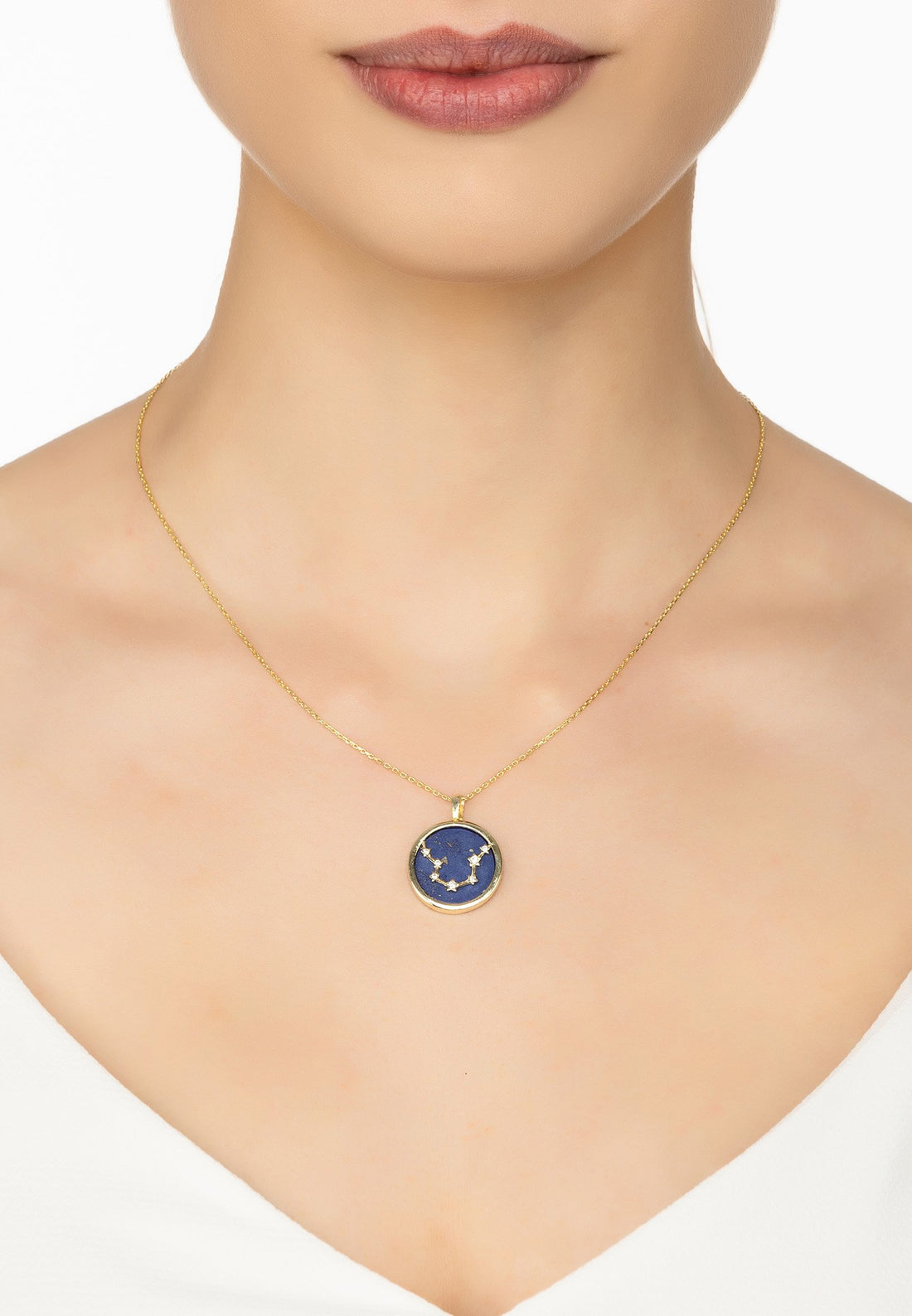 Zodiac Lapis Lazuli Gemstone Star Constellation Pendant Necklace Gold Aquarius