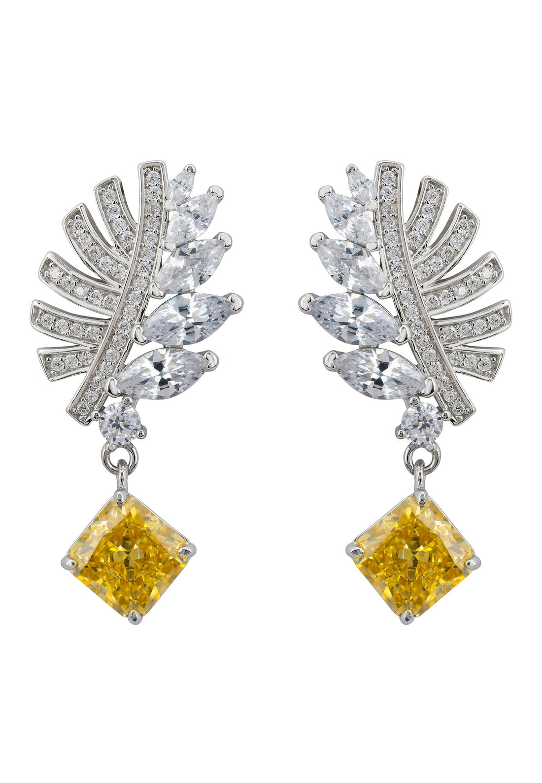 Palm Leaf Yellow Topaz Drop Earrings Silver