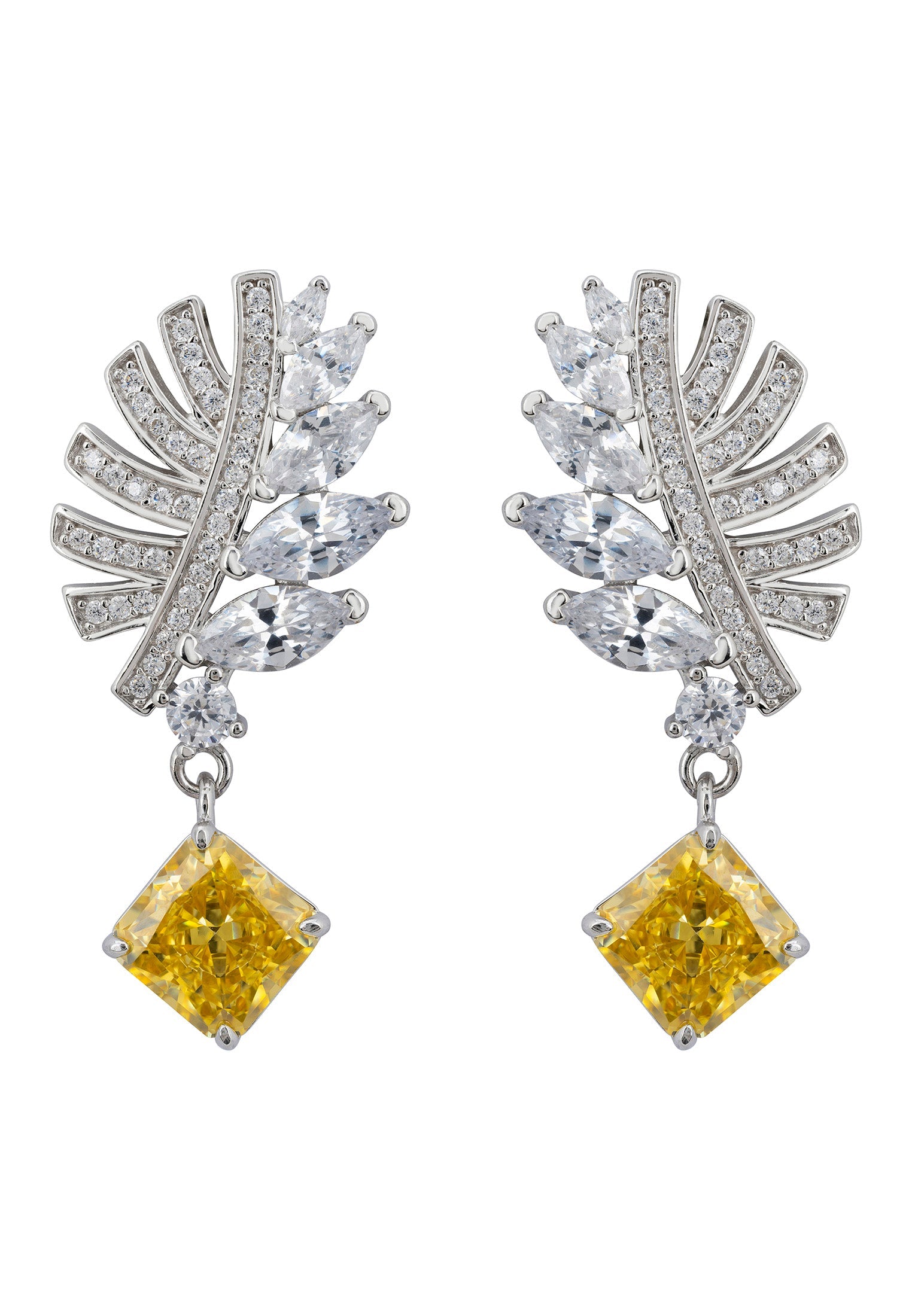 Palm Leaf Yellow Topaz Drop Earrings Silver