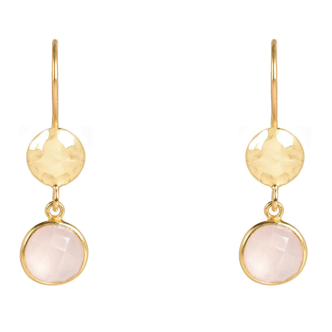 Circle & Hammer Drop Earrings Gold Rose Quartz