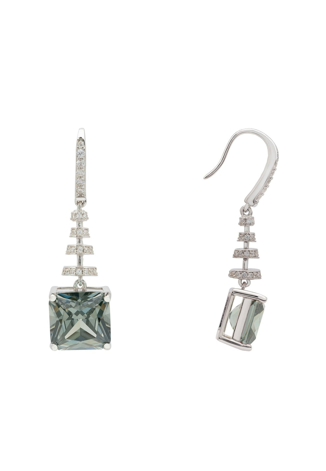 Spiral Square Crystal Drop Earrings Peridot Green Silver