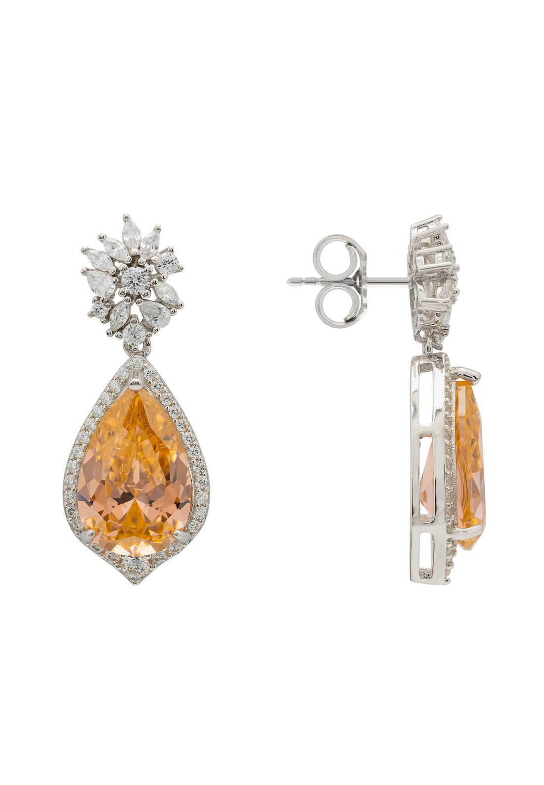 Olivia Teardrop Crystal Drop Earrings Peach Silver