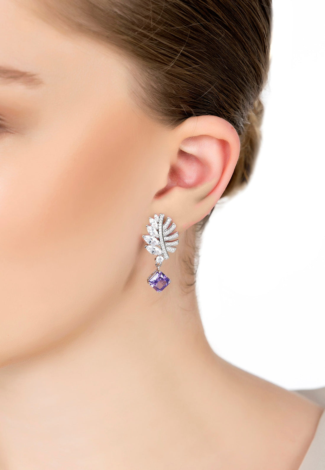 Palm Leaf Amethyst Drop Earrings Silver