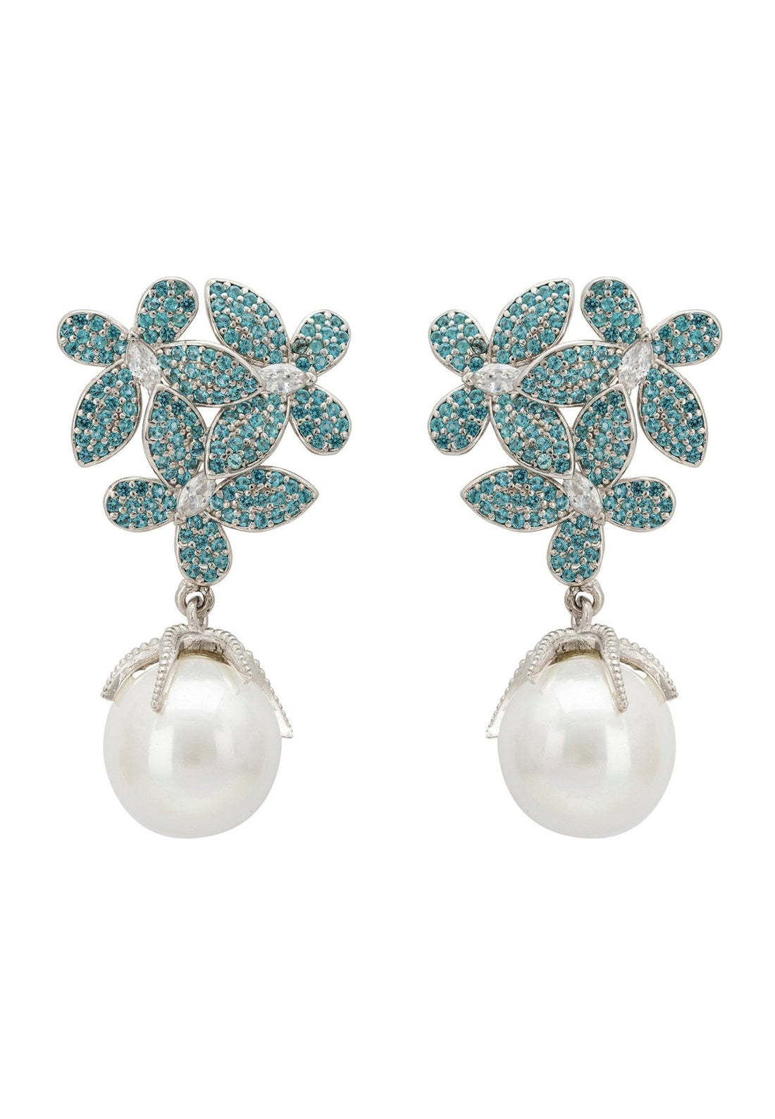 Flowers Baroque Pearl Earrings Aqua Blue Silver