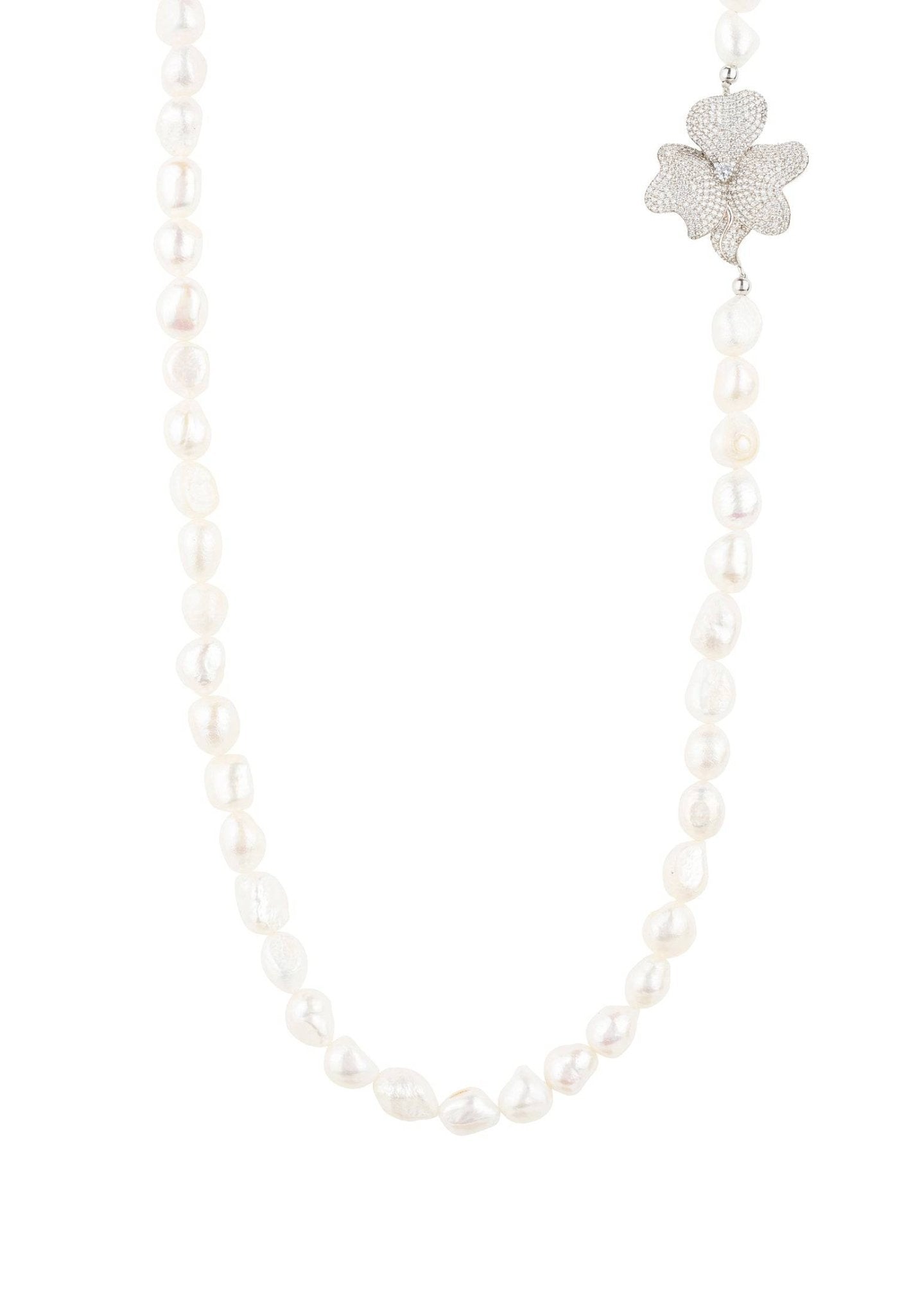 Flower Pearl Gemstone Long Necklace White Cz Silver