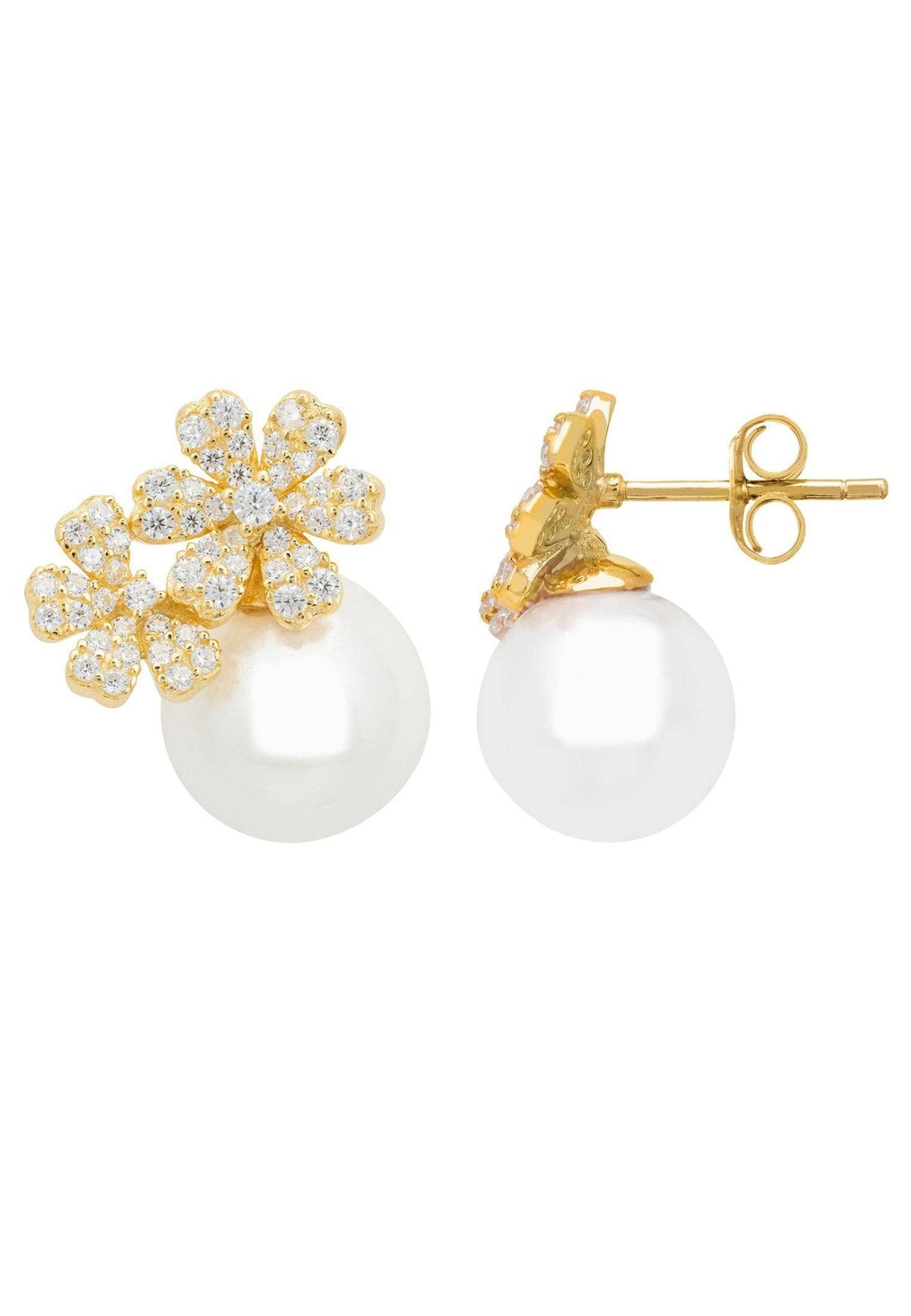 Bouquet and Pearl Stud Earrings Gold