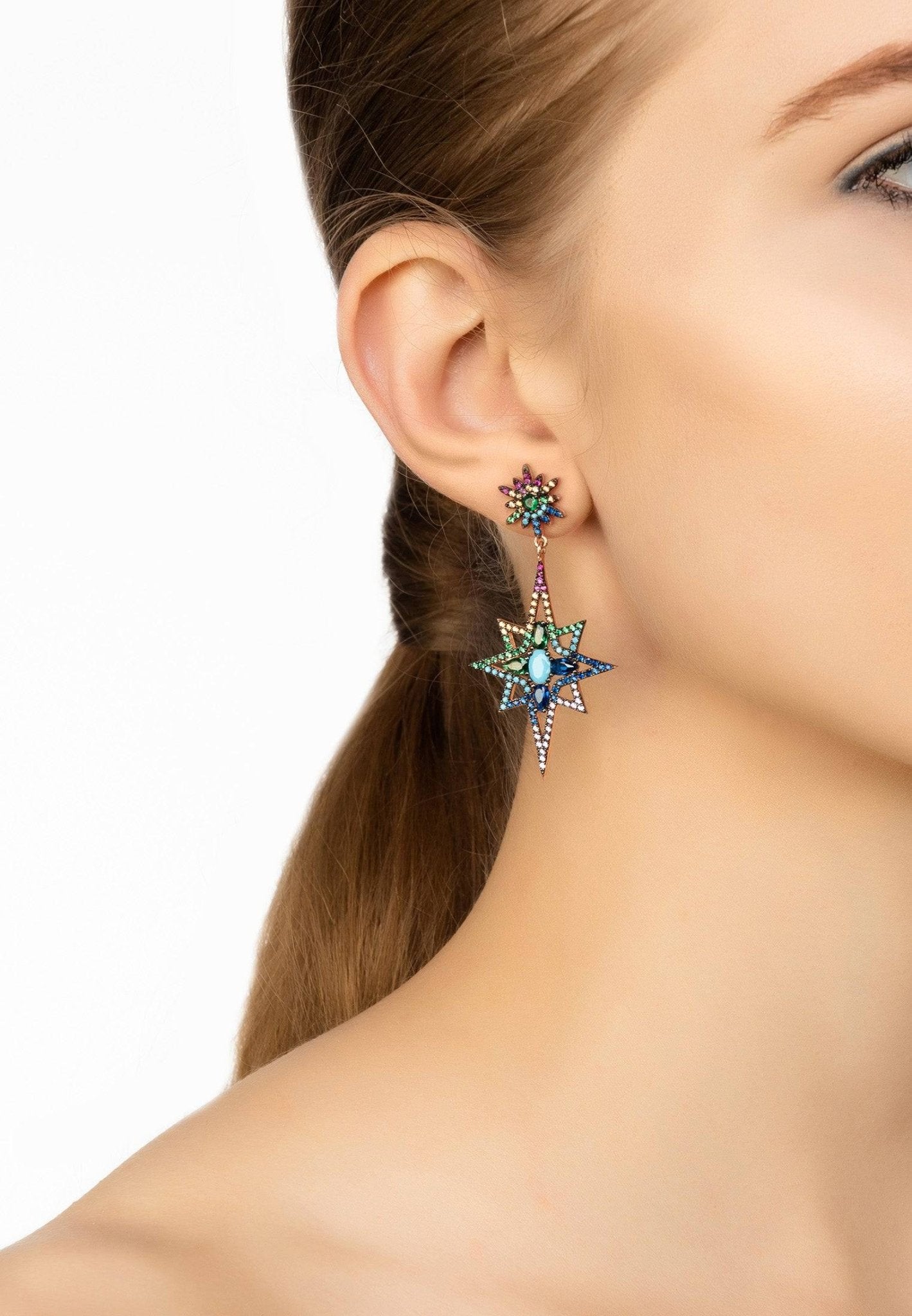 Northern Star Burst Multi Coloured Gemstone Earrings Rosegold