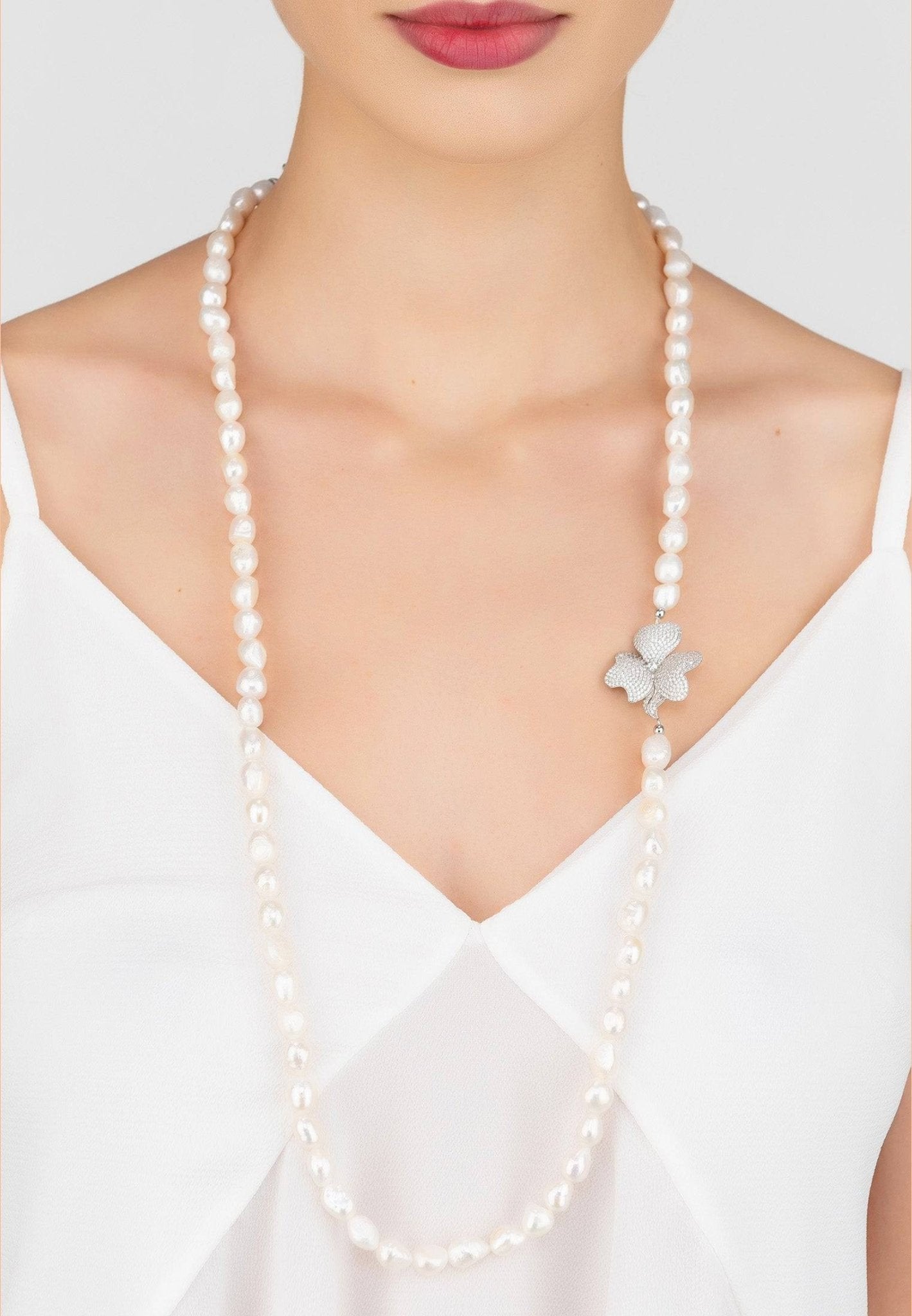 Flower Pearl Gemstone Long Necklace White Cz Silver